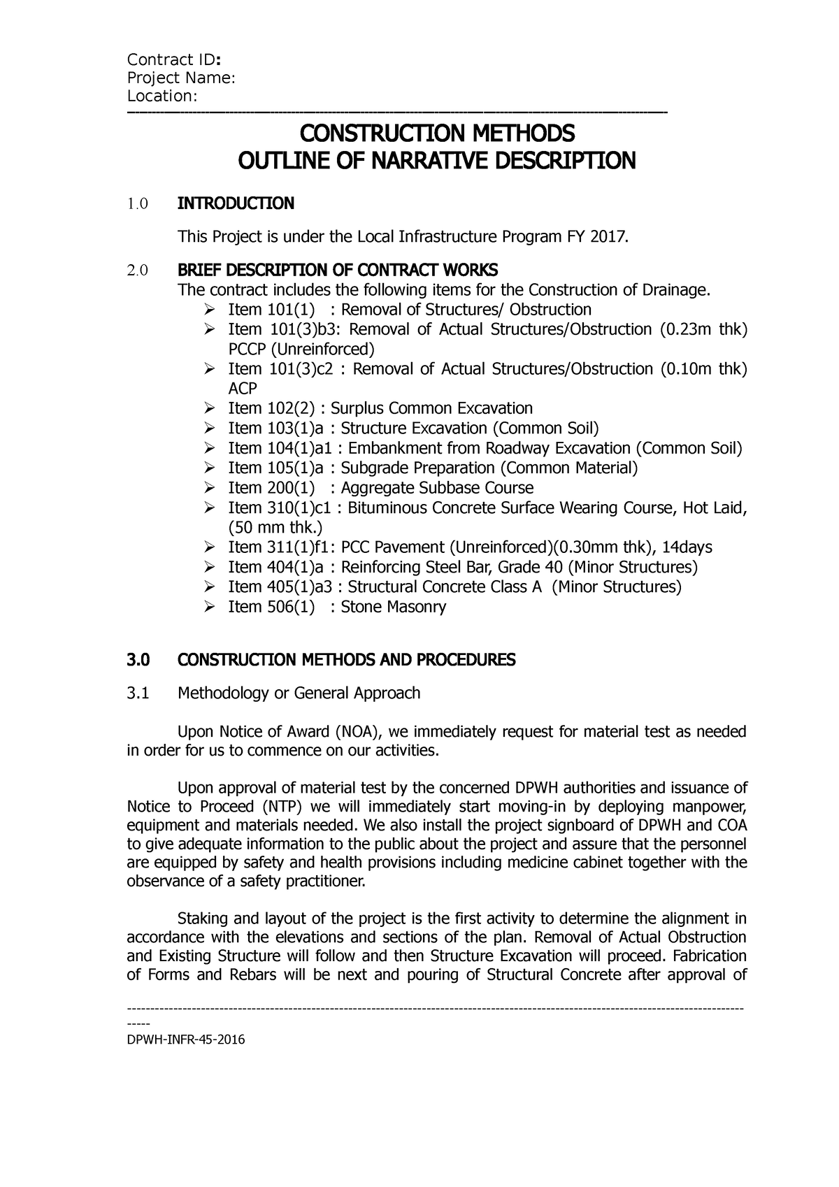 Construction Method Sample Contract Id Project Name Location Construction Methods 8149