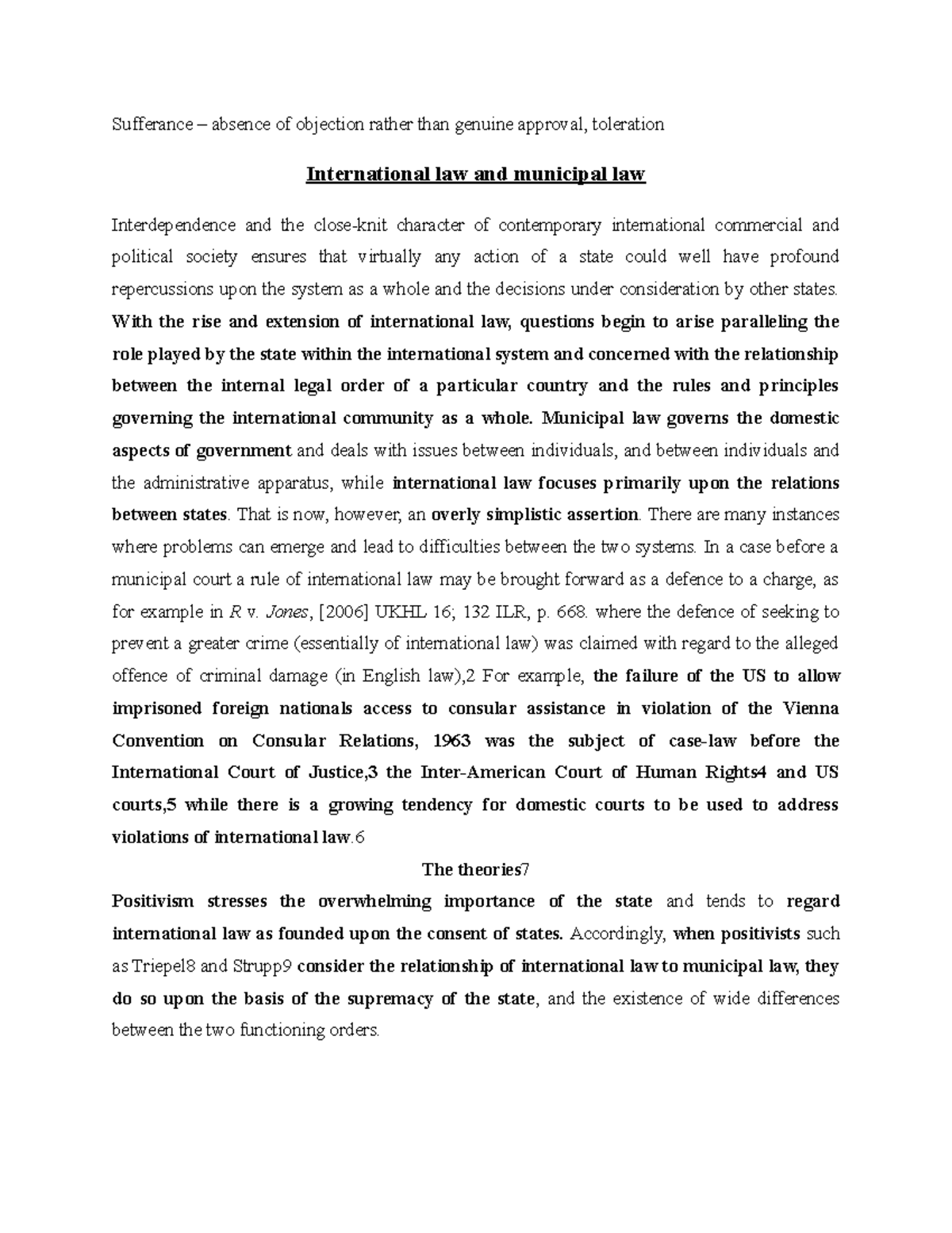 Class International law and municipal law Sufferance absence of