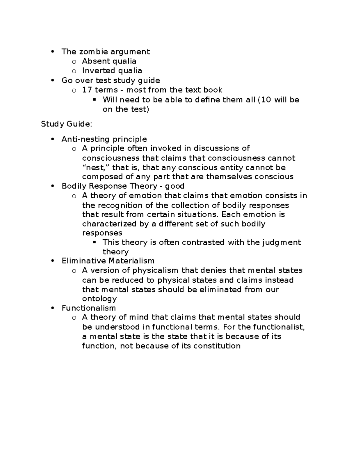 Phl 4 phl of mind lecture notes The zombie argument o Absent qualia