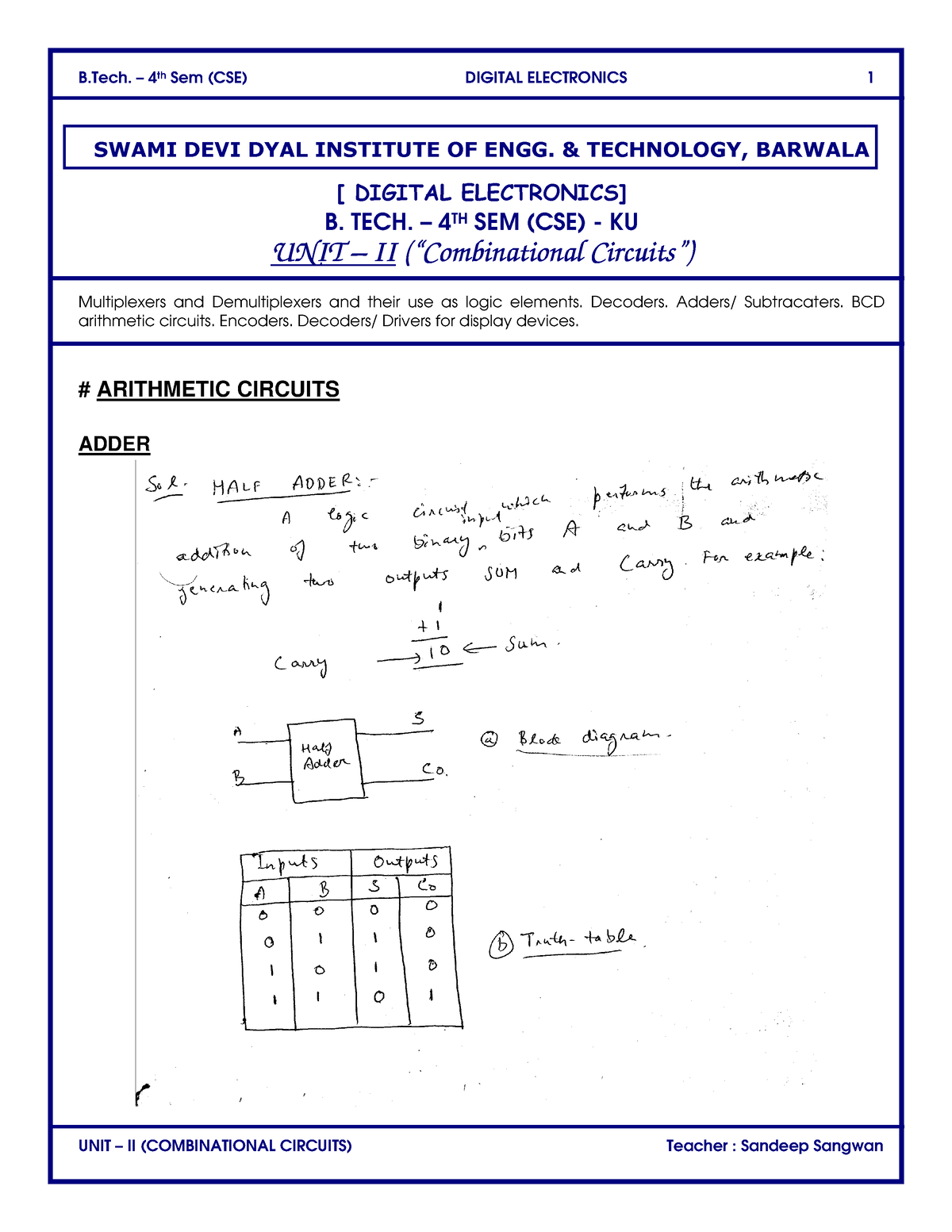 DE UNIT 2nd Combinational Circuits - BTech - - Studocu