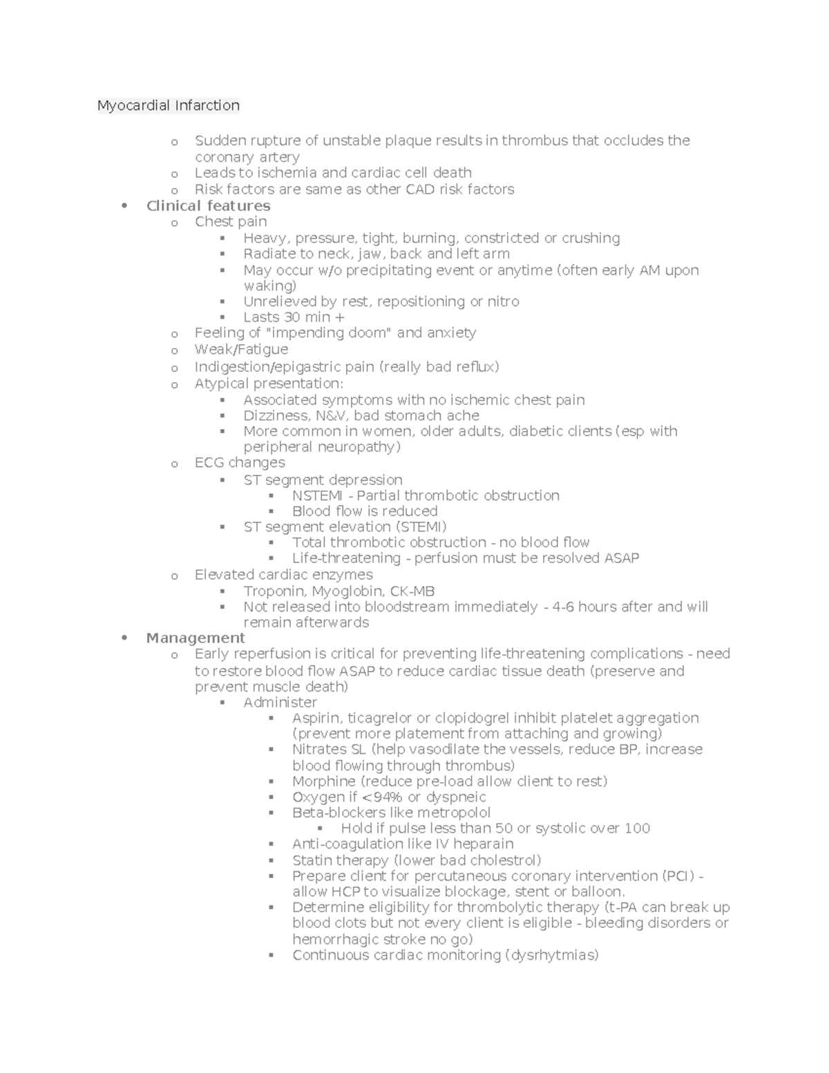 Cardiac Notes - Myocardial Infarction o Sudden rupture of unstable ...
