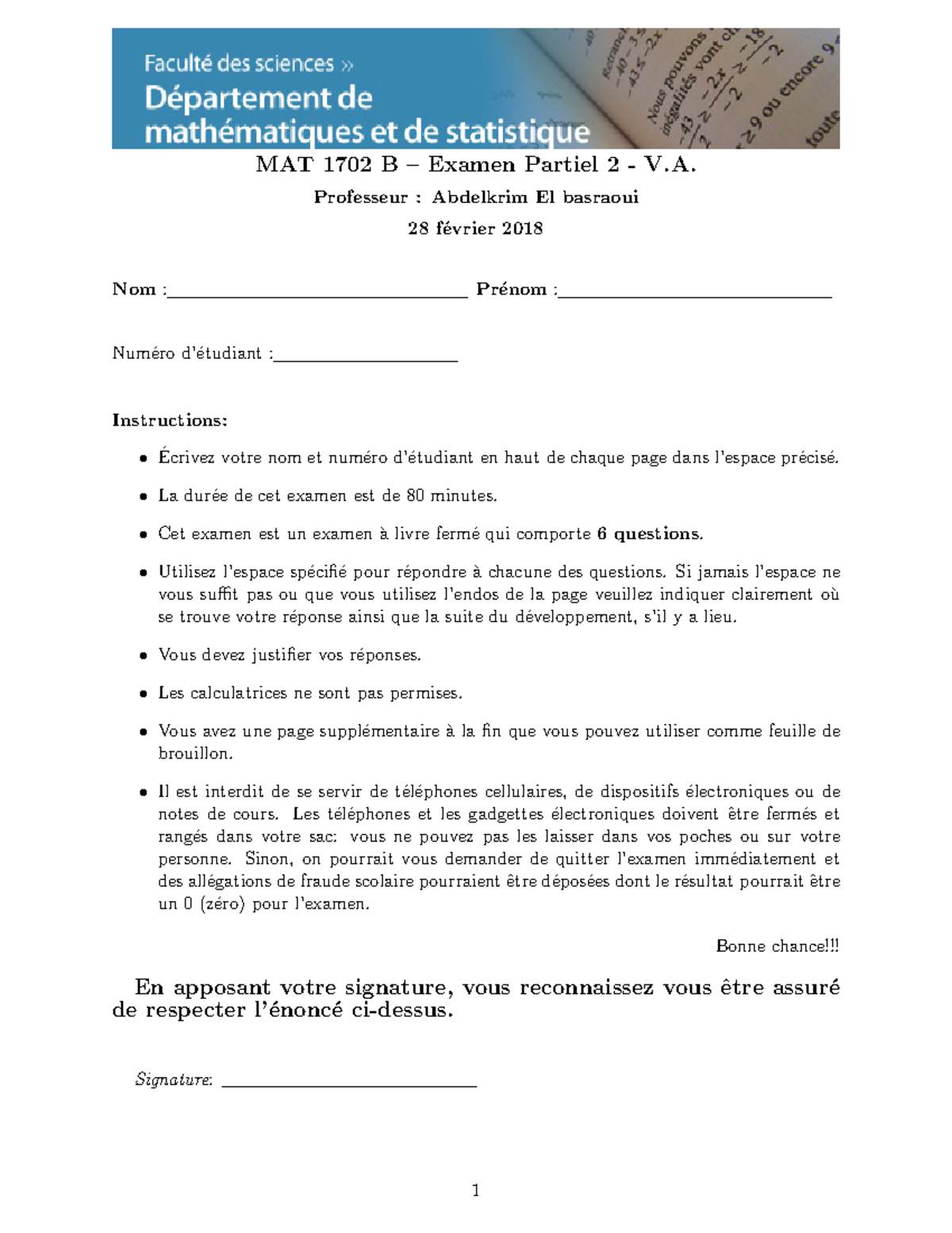 Sample/practice Exam - MAT 1702 B – Examen Partiel 2 - V. Professeur ...