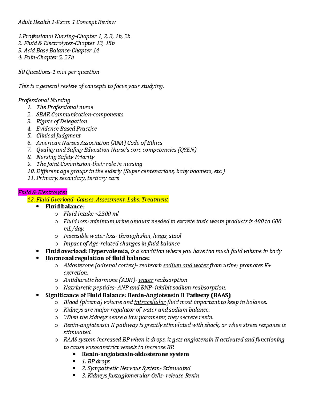 Exam 1 Concept Review 2022 - Adult Health 1-Exam 1 Concept Review 1 ...