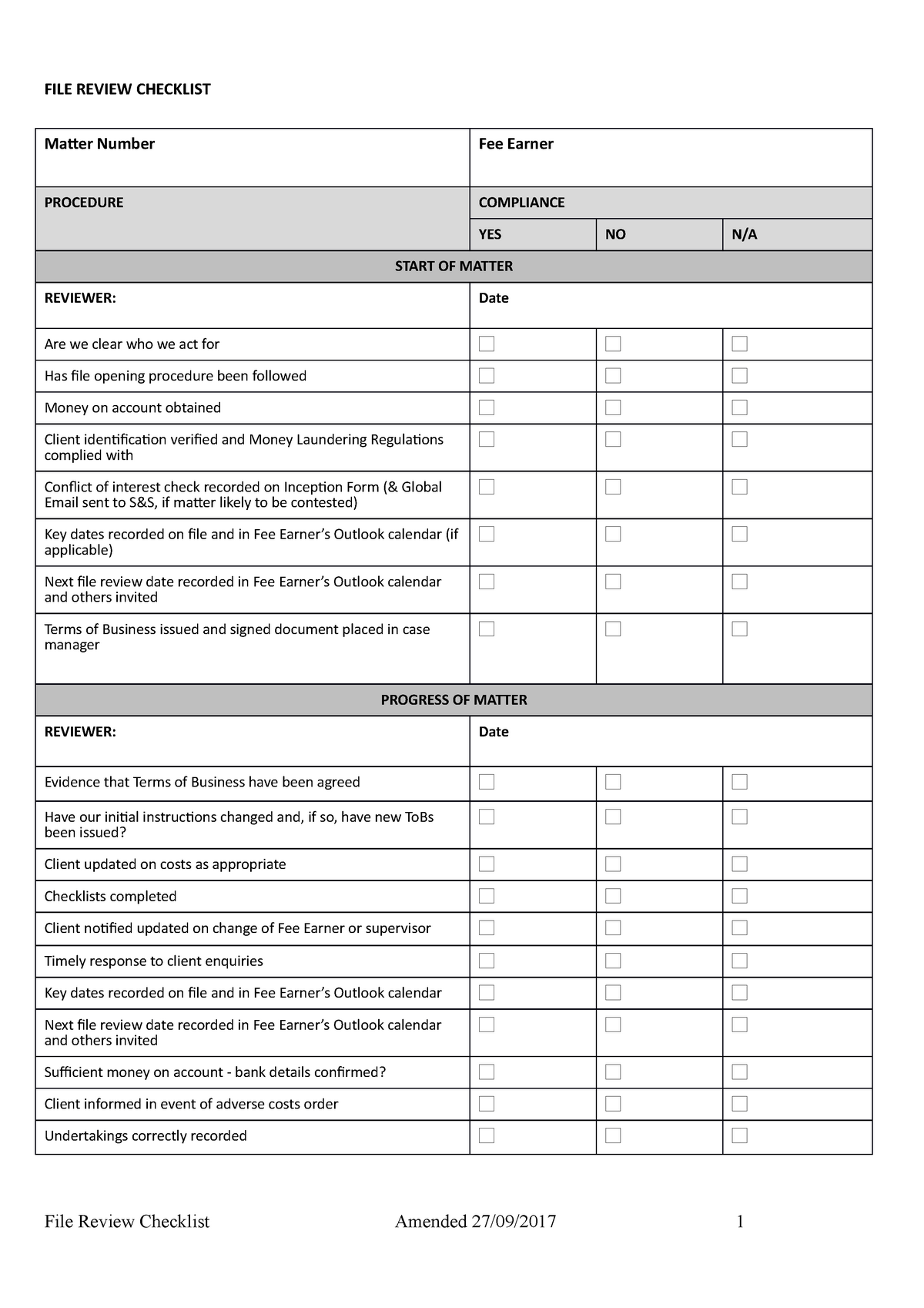 File Review Checklist - FILE REVIEW CHECKLIST Matter Number Fee Earner ...