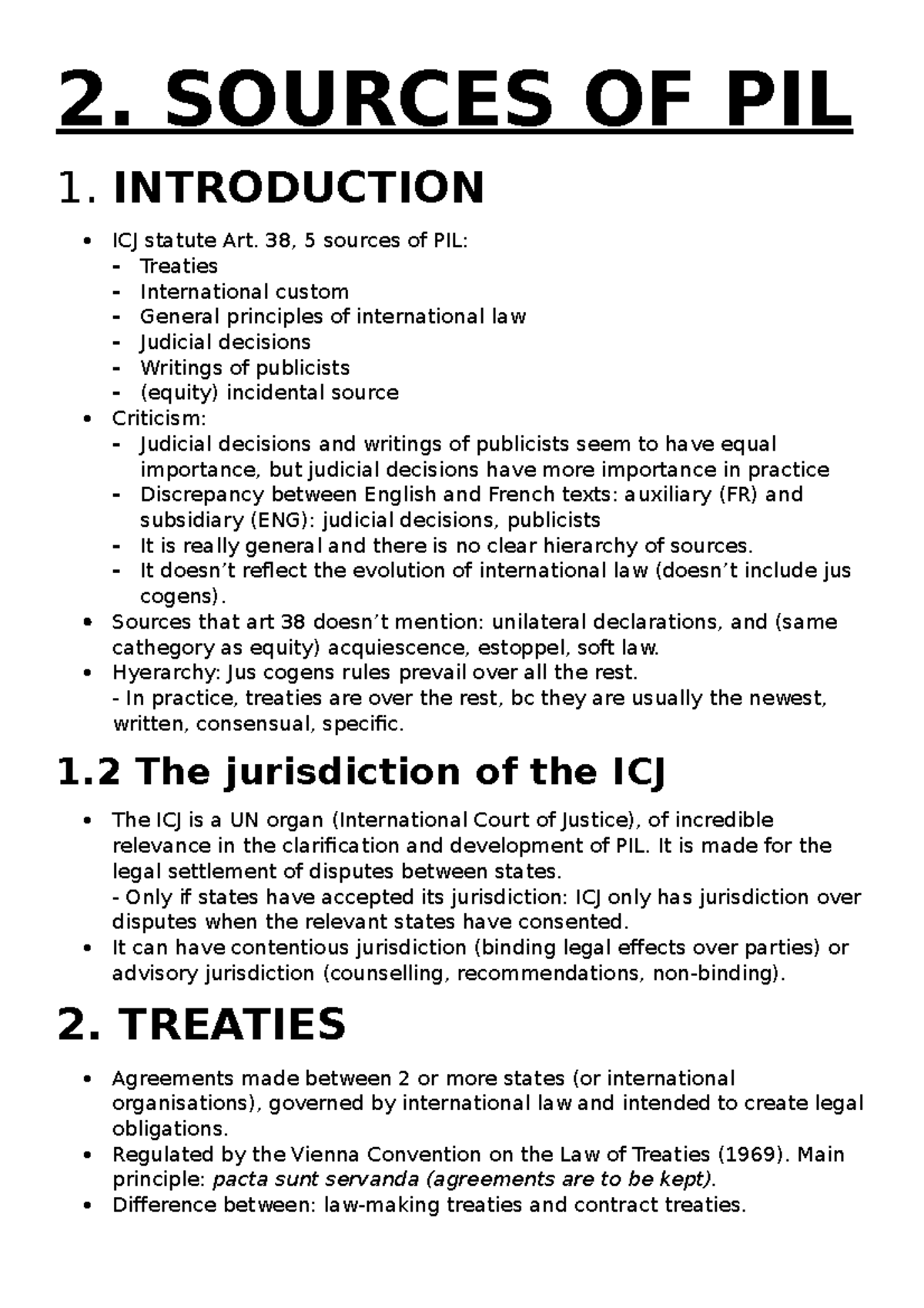 UNIT 2 apuntes 2. SOURCES OF PIL 1. INTRODUCTION ICJ statute Art