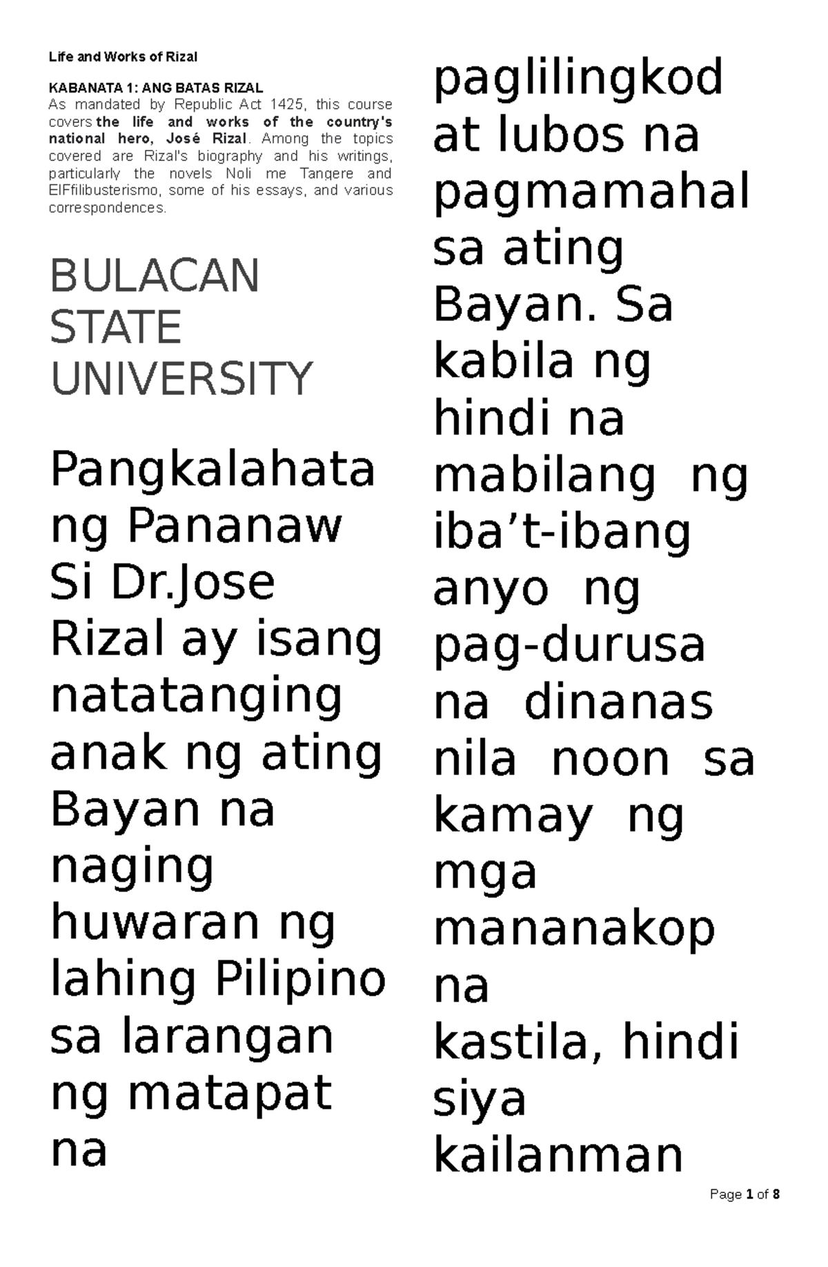 Worls - Life and Works of Rizal KABANATA 1: ANG BATAS RIZAL As mandated ...