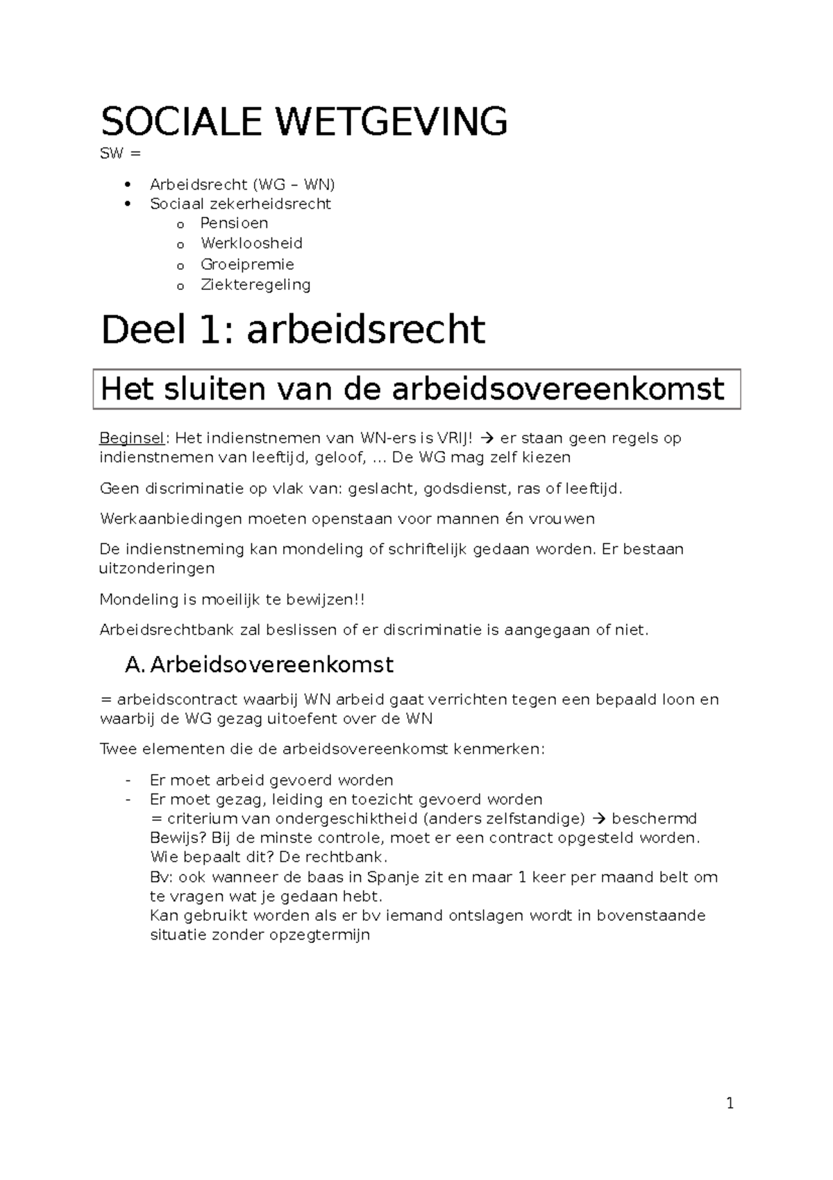 Sociale Wetgeving - SOCIALE WETGEVING SW = Arbeidsrecht (WG – WN ...