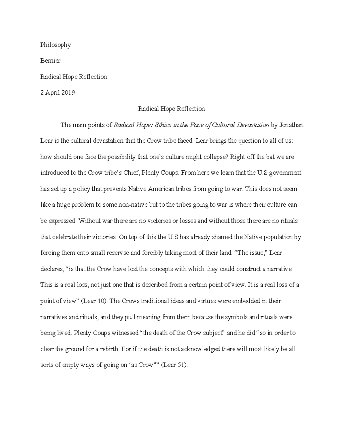 Radical Hope Reflection Paper - Philosophy Bernier Radical Hope ...