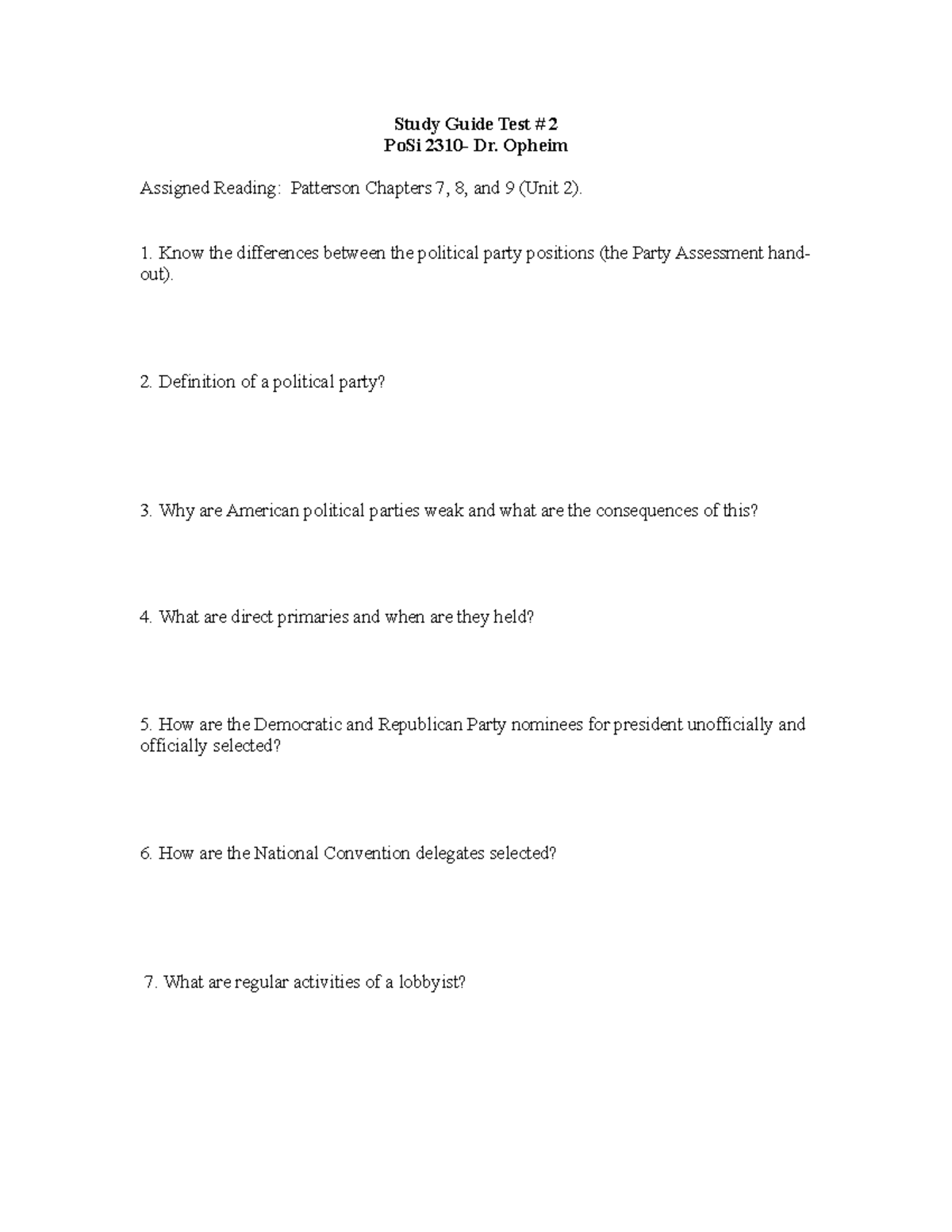 Study Guide-Test 2posi - PoSi 2310- Dr. OpheimStudy Guide Test # 2 ...