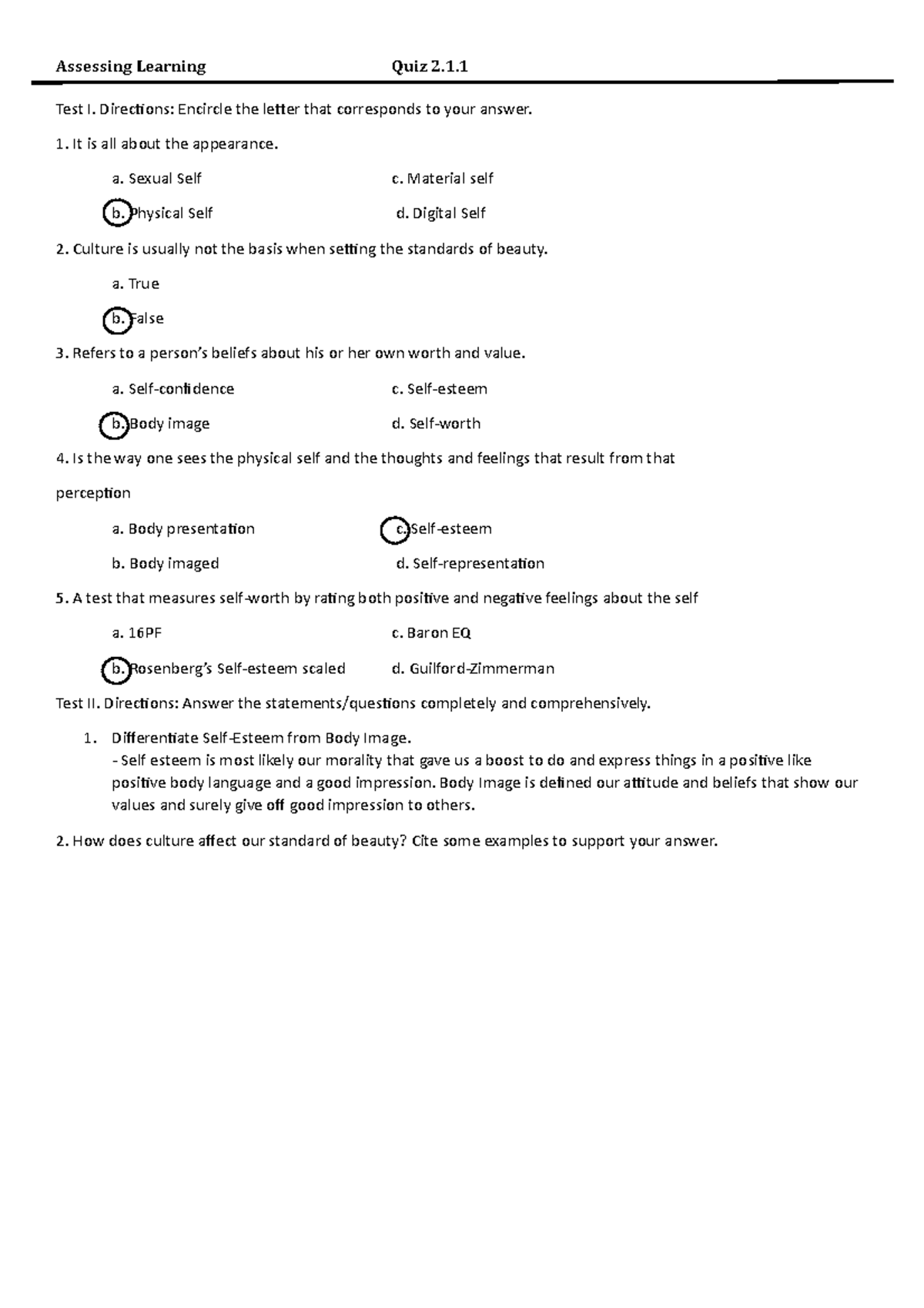 GE1-UNIT2- Quizes - Understanding the Self Quiz - Assessing Learning ...