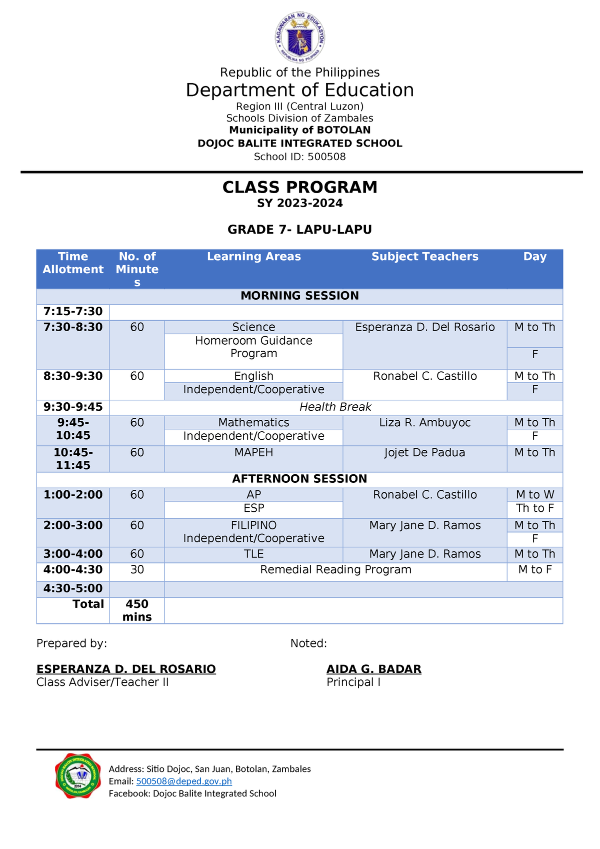 Grade 7 Class Program SY 2023 2024 - Republic of the Philippines ...