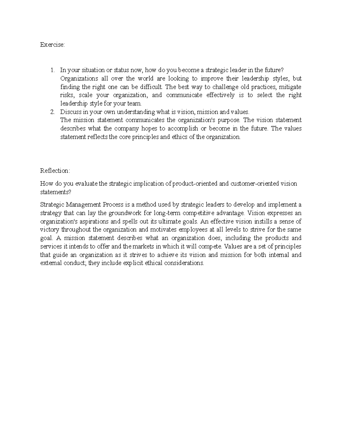 Exercise Mission, Vision - Exercise: In your situation or status now ...