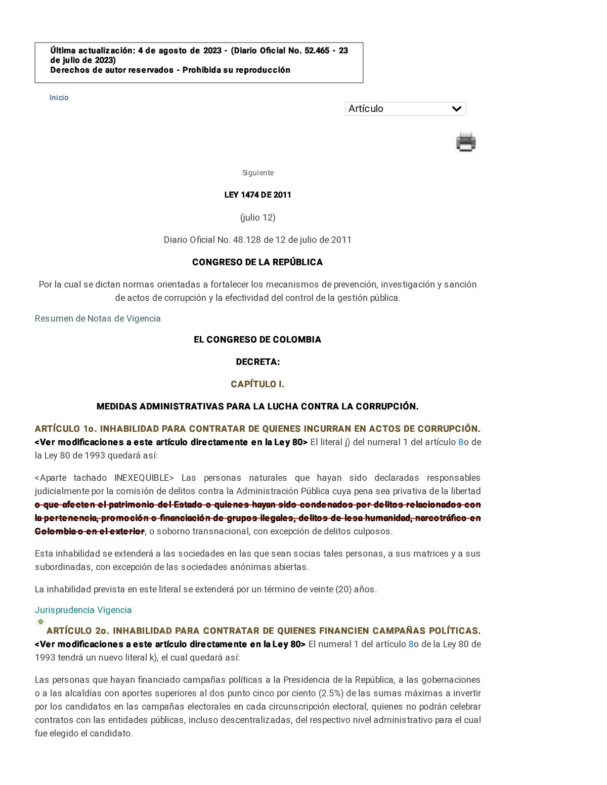 Estatuto Anticorrupción [ley 1474 2011 ] Ú Lt Im A A C T U A Liz A C