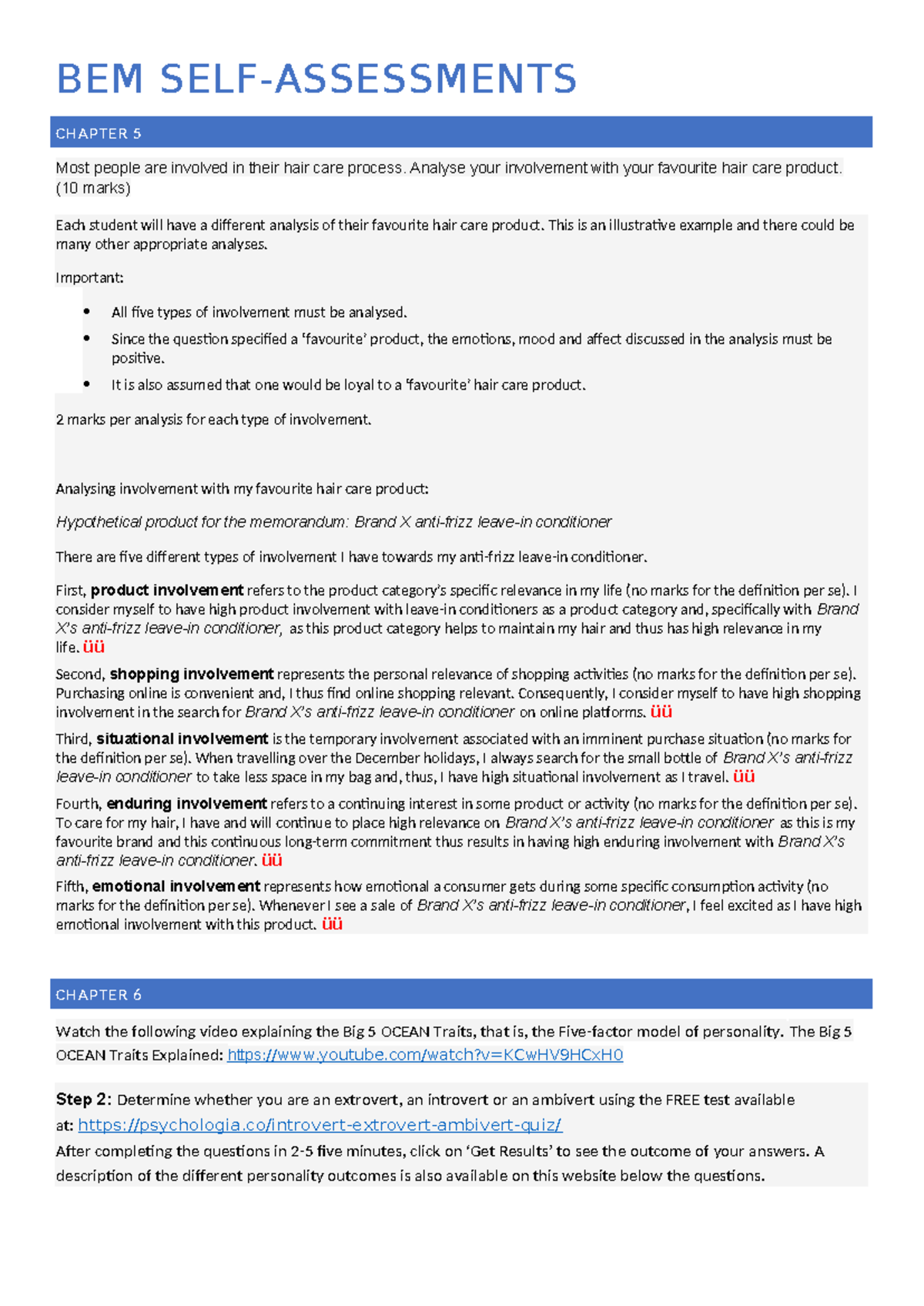 Bem self assessment chapters 5-8 - BEM SELF-ASSESSMENTS CHAPTER 5 Most ...