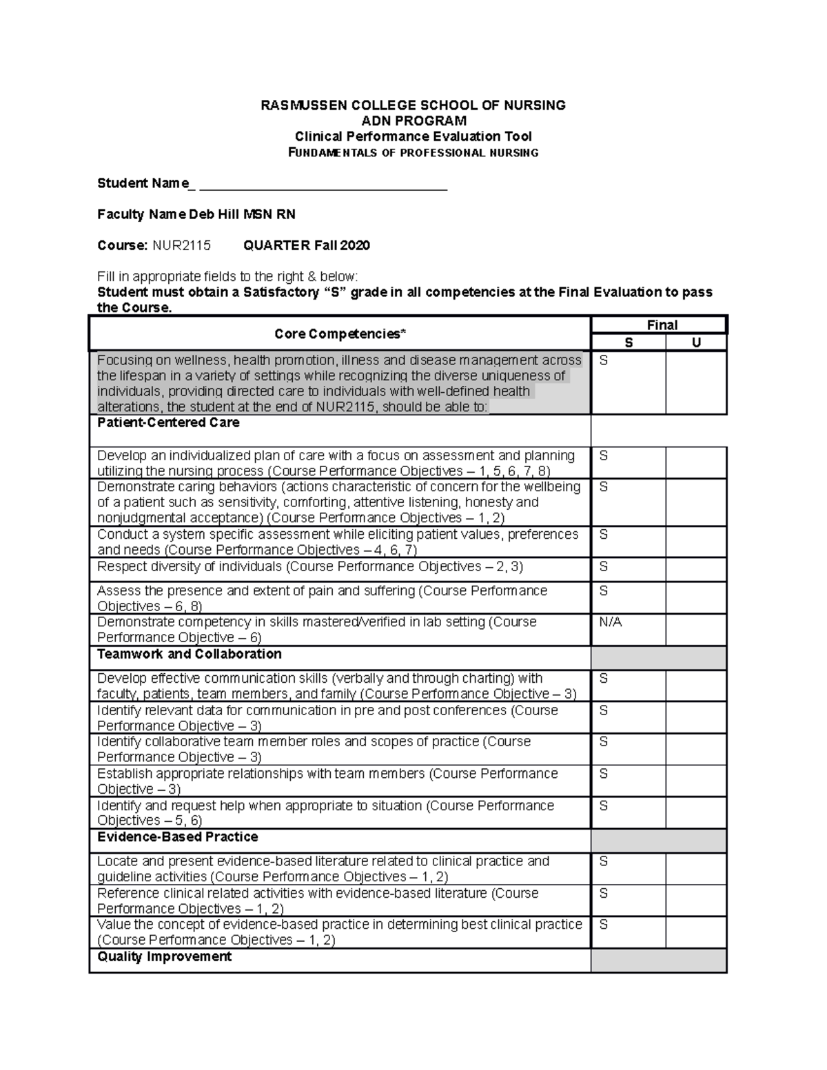 NUR2115 Final Clinical Performance Eval Hill - COMP001 - Studocu