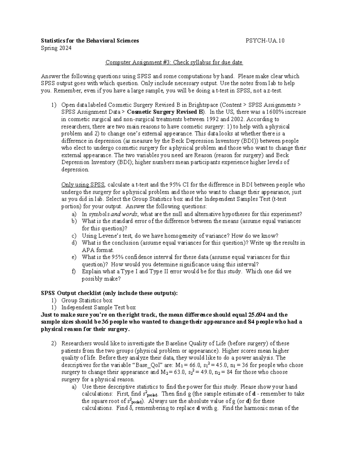 Stats Homework 3 - Statistics for the Behavioral Sciences PSYCH-UA ...
