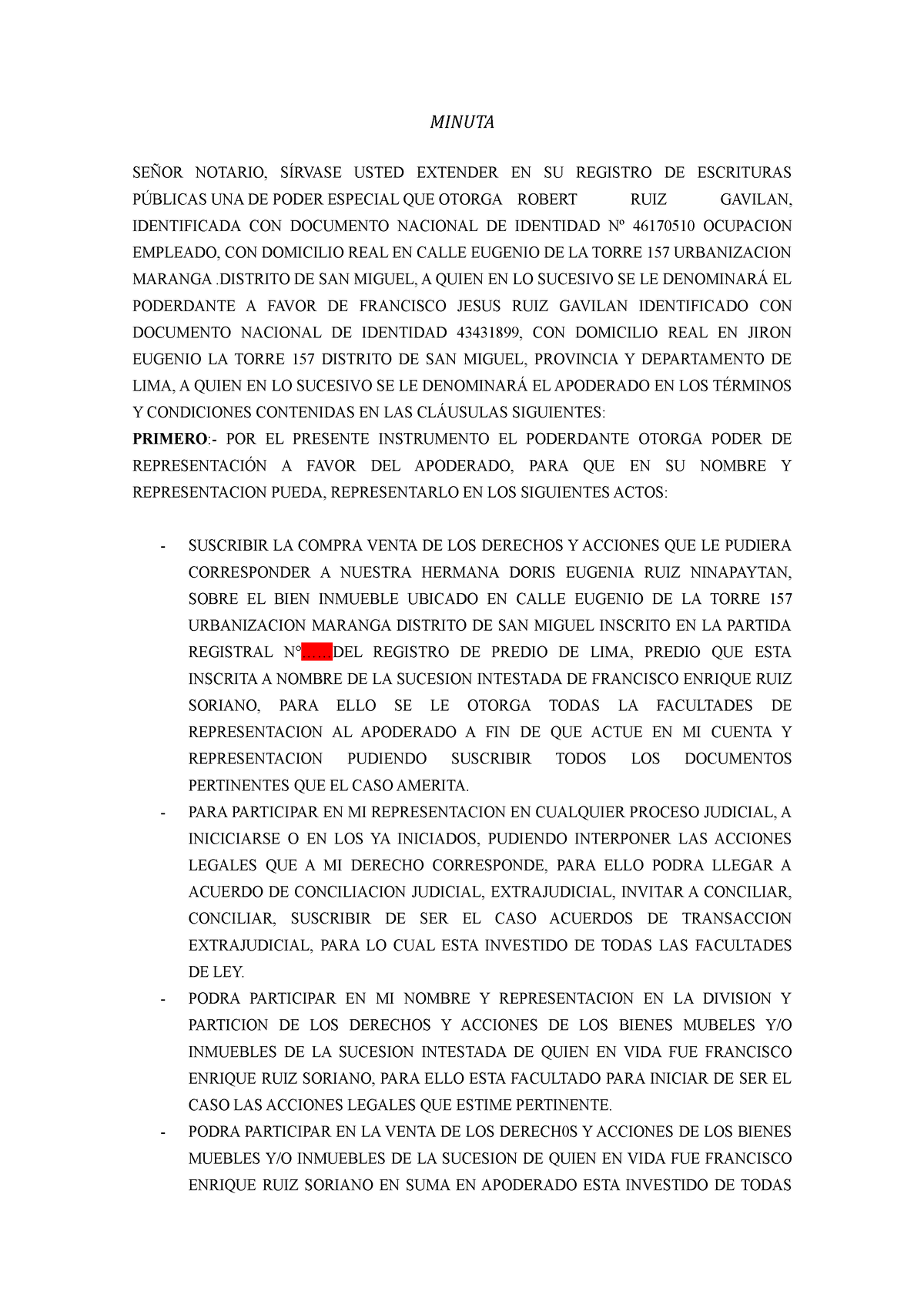 Minuta Poder Hermano De Paul Minuta SeÑor Notario SÍrvase Usted Extender En Su Registro De 0956