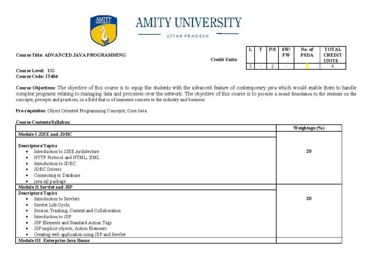Java Sylabus - Syllabus - Course Title: ADVANCED JAVA PROGRAMMING U T T ...