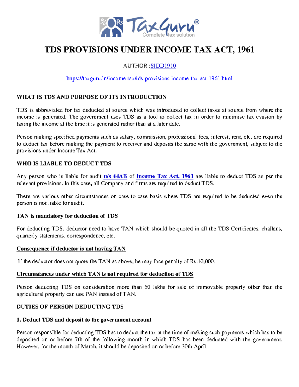 Tds Provisions Under Income Tax Act 1961 Tds Provisions