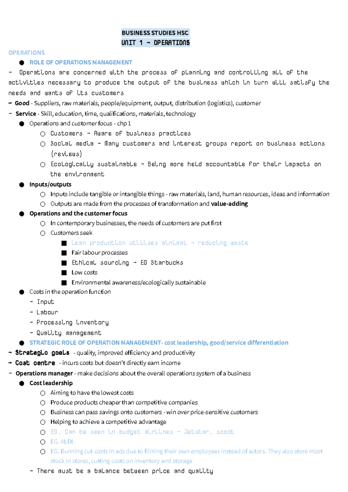 UNIT 1 - Operations - Year 12 Notes For Business - BUSINESS STUDIES HSC ...