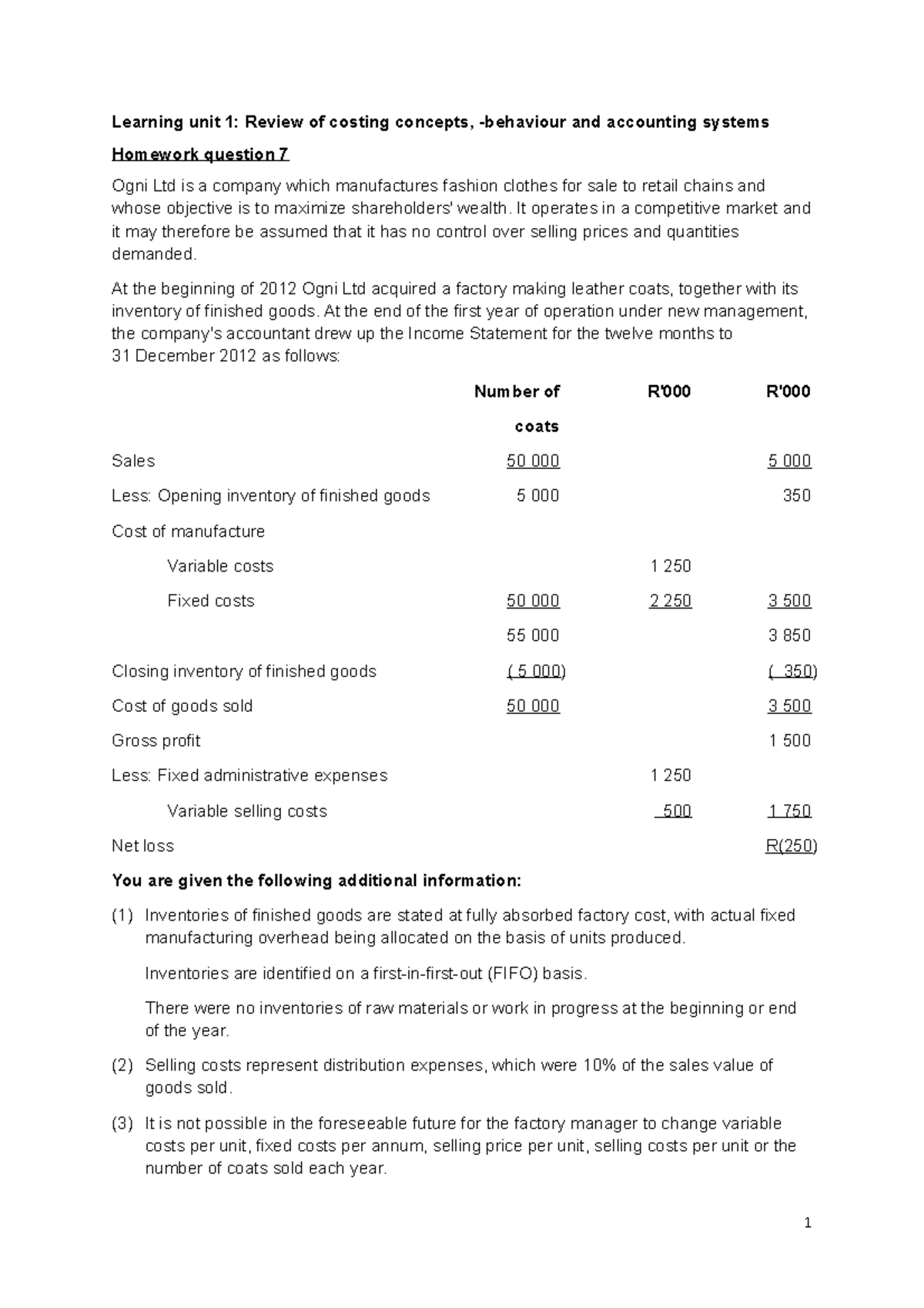 Homework question 7 - Process Costing - Learning unit 1: Review of ...