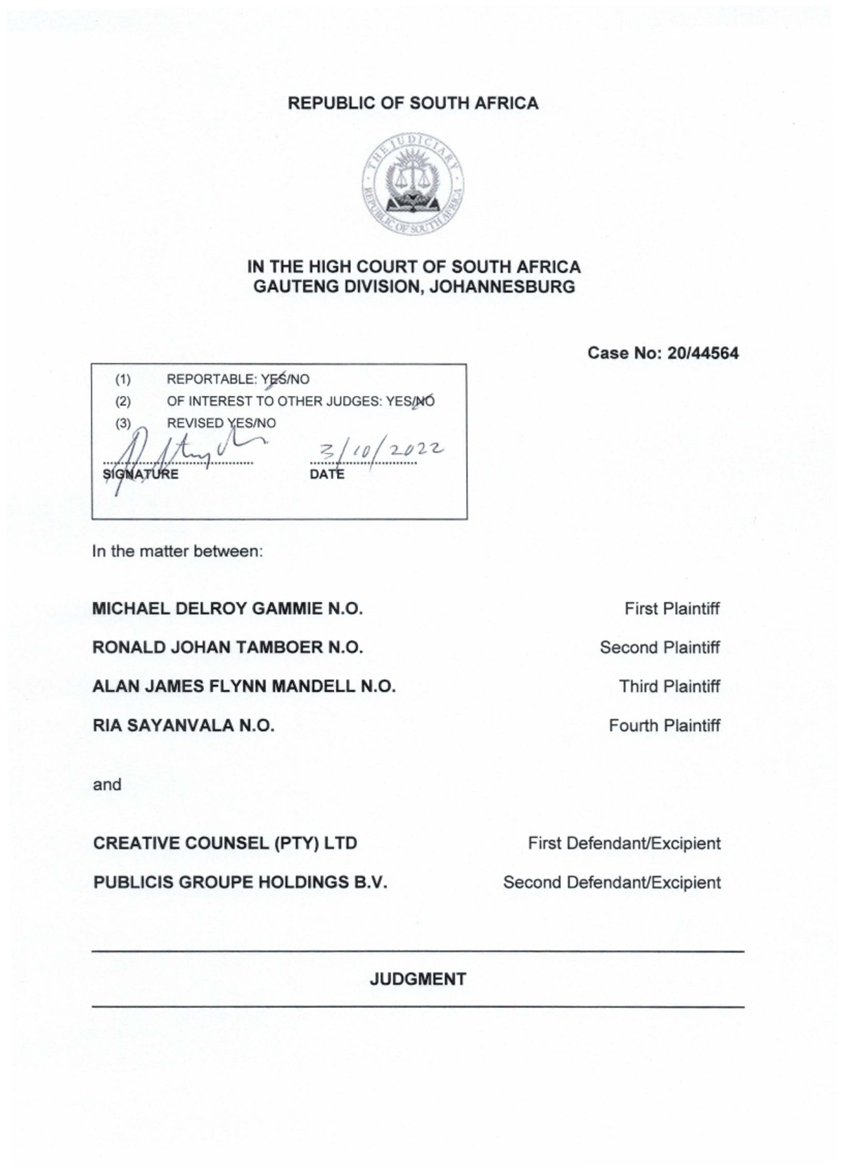 792 - Court case - REPUBLIC OF SOUTH AFRICA IN THE HIGH COURT OF SOUTH ...