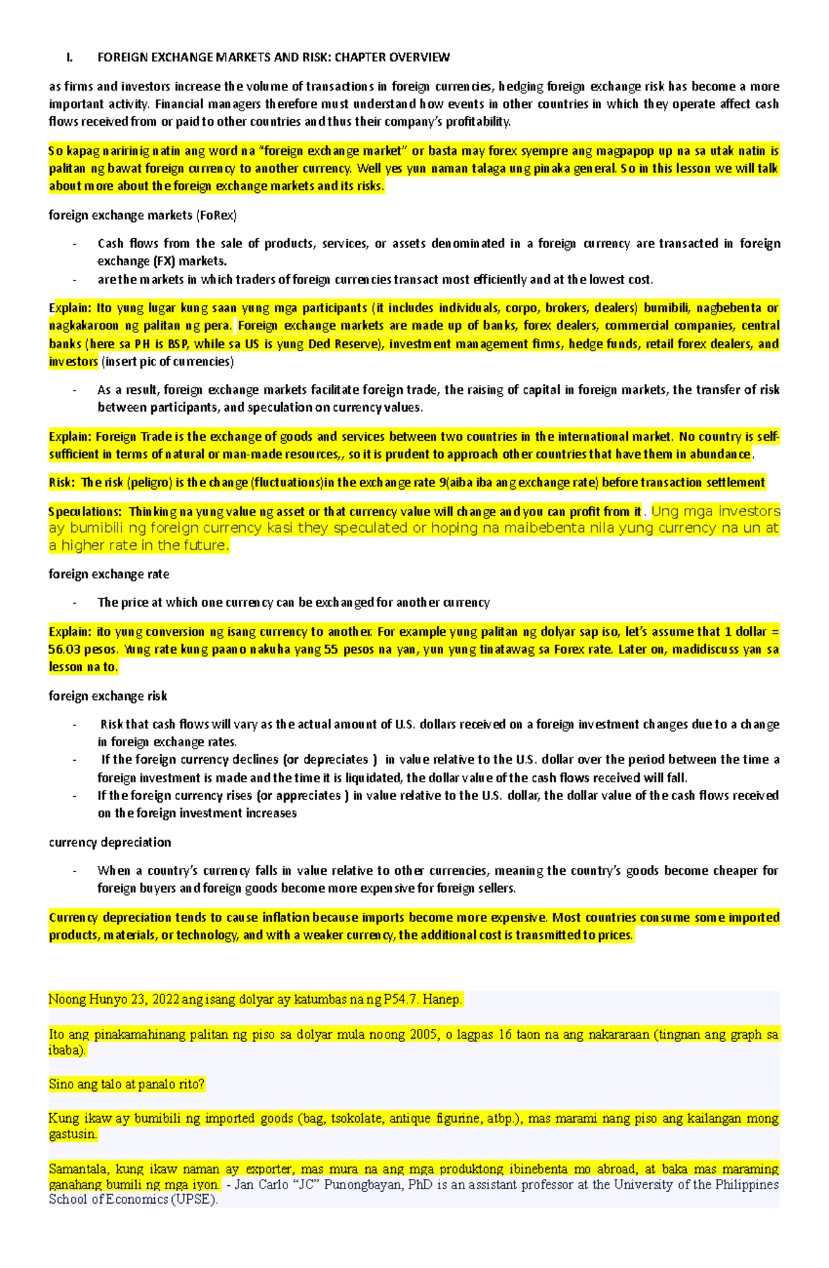 Report FM - Lecture notes - I. FOREIGN EXCHANGE MARKETS AND RISK ...