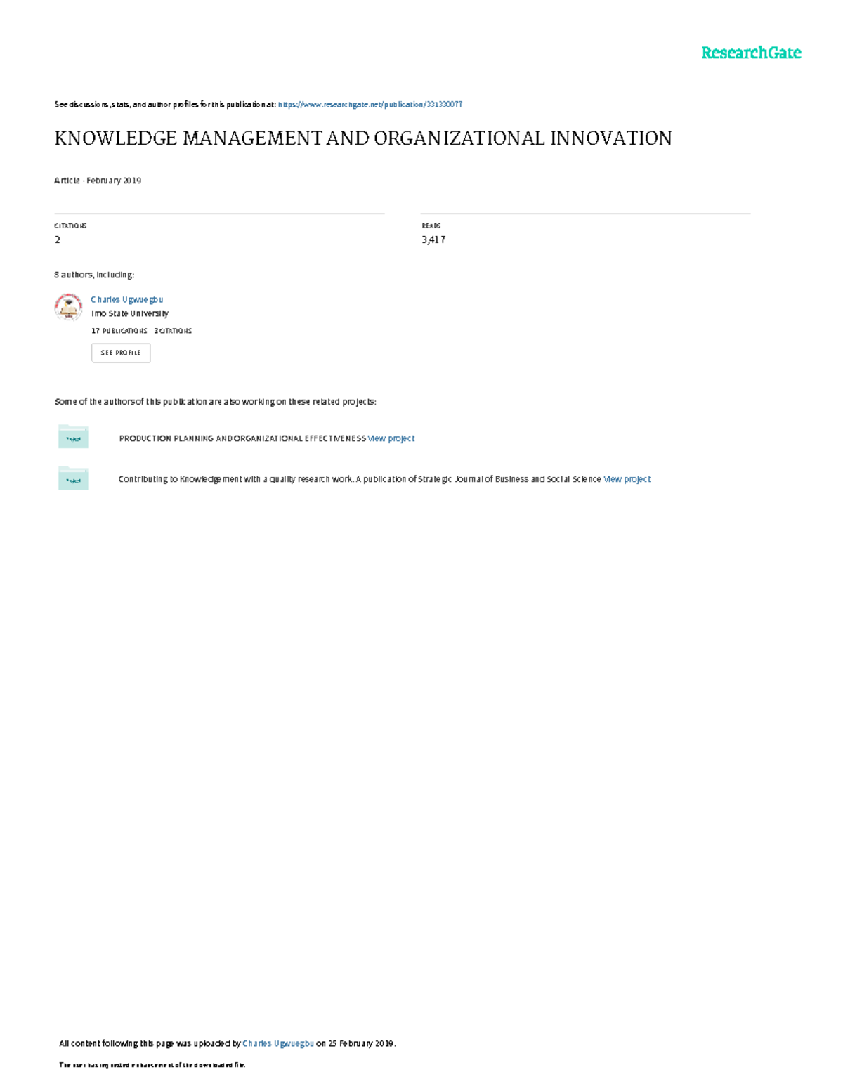 KNOWLEDGE MANAGEMENT AND ORGANIZATIONAL INNOVATION - See discussions ...