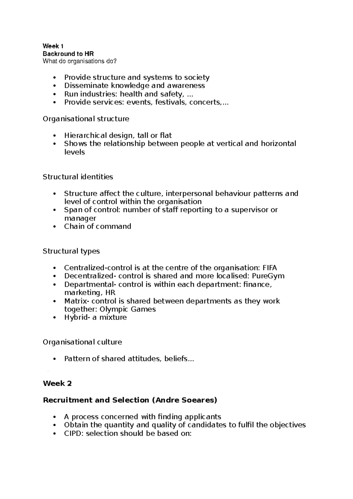 Week 1 - Lecture notes from Week one and two - Week 1 Backround to HR ...