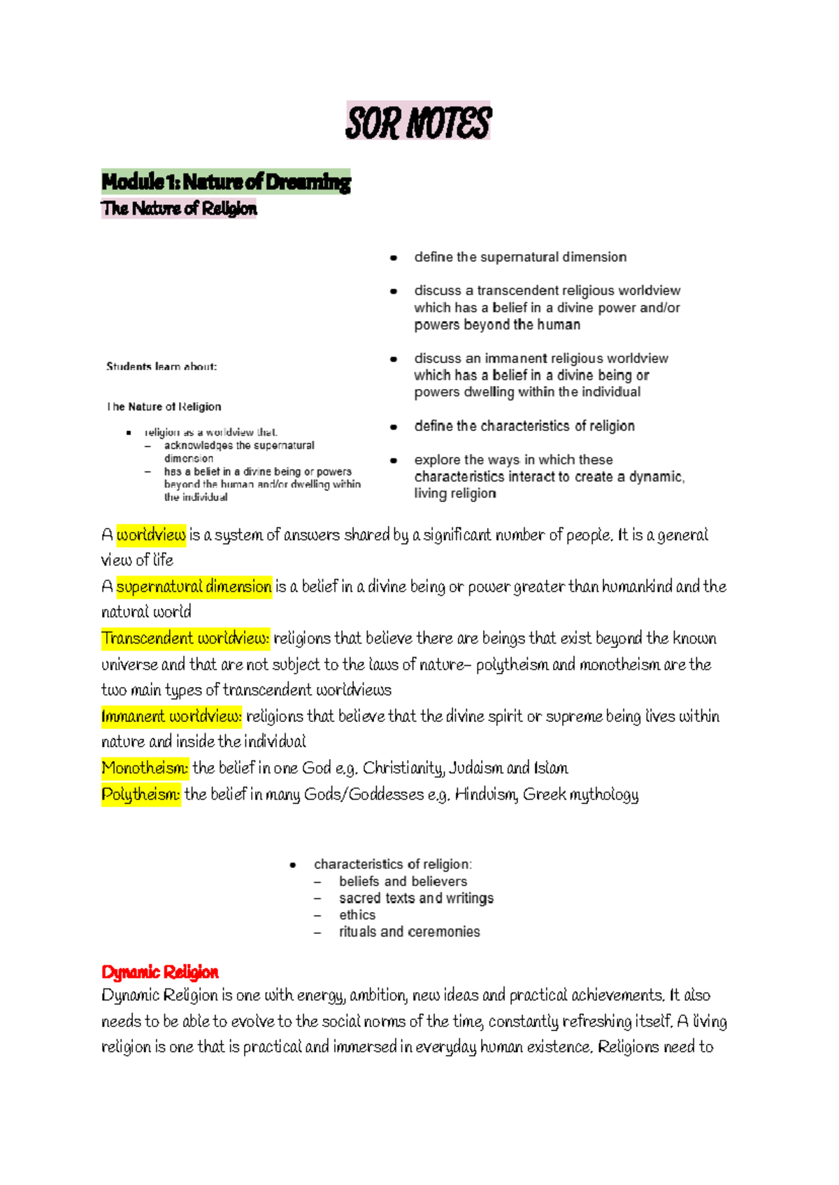 SOR 1 UNIT Notes - SOR NOTES Module 1: Nature of Dreaming The Nature of ...