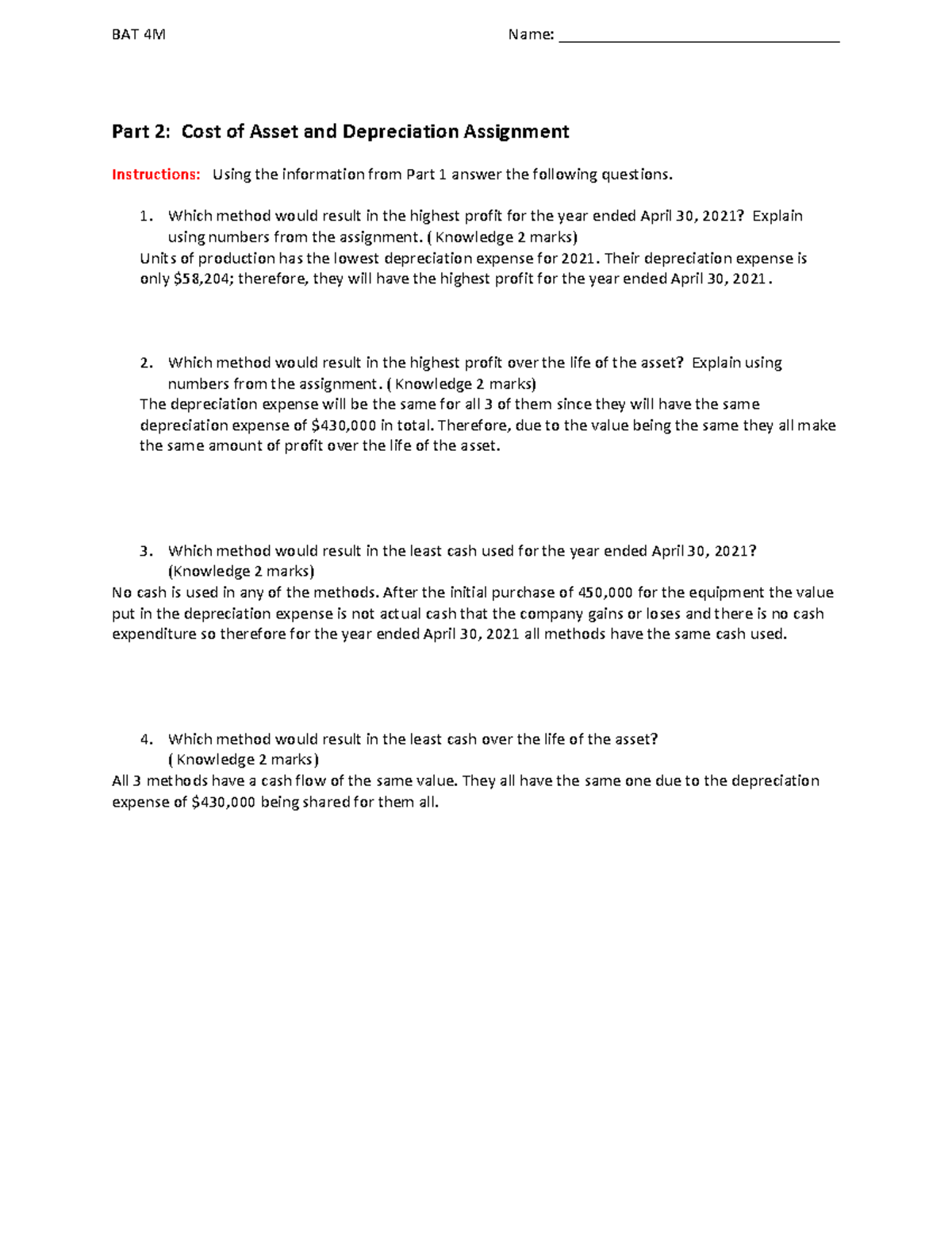 Unit 2 Assignment Depreciation Methods Part 2 - BAT 4M Name