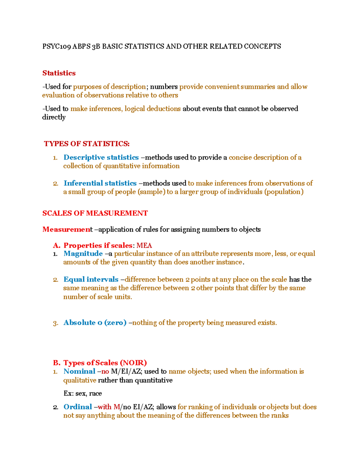 Basic statistics - PSYC109 ABPS 3B BASIC STATISTICS AND OTHER RELATED ...