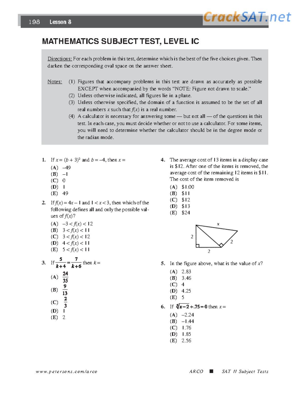 ARCO SAT Subject Math Level 1 Practice Test - 198 Lesson 8 petersons/arco ARCO SAT II Subject ...