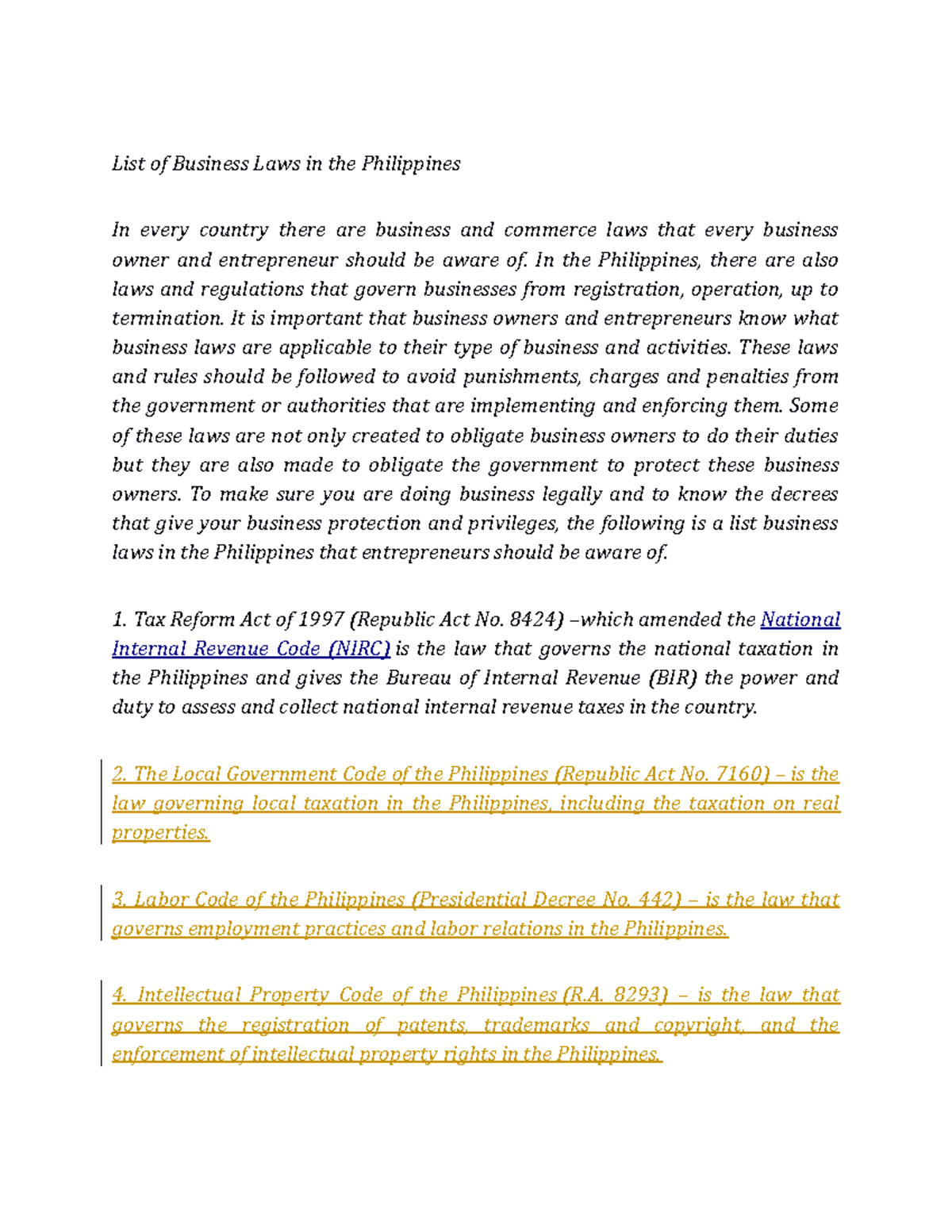 Business Law - In the Philippines, there are also laws and regulations ...