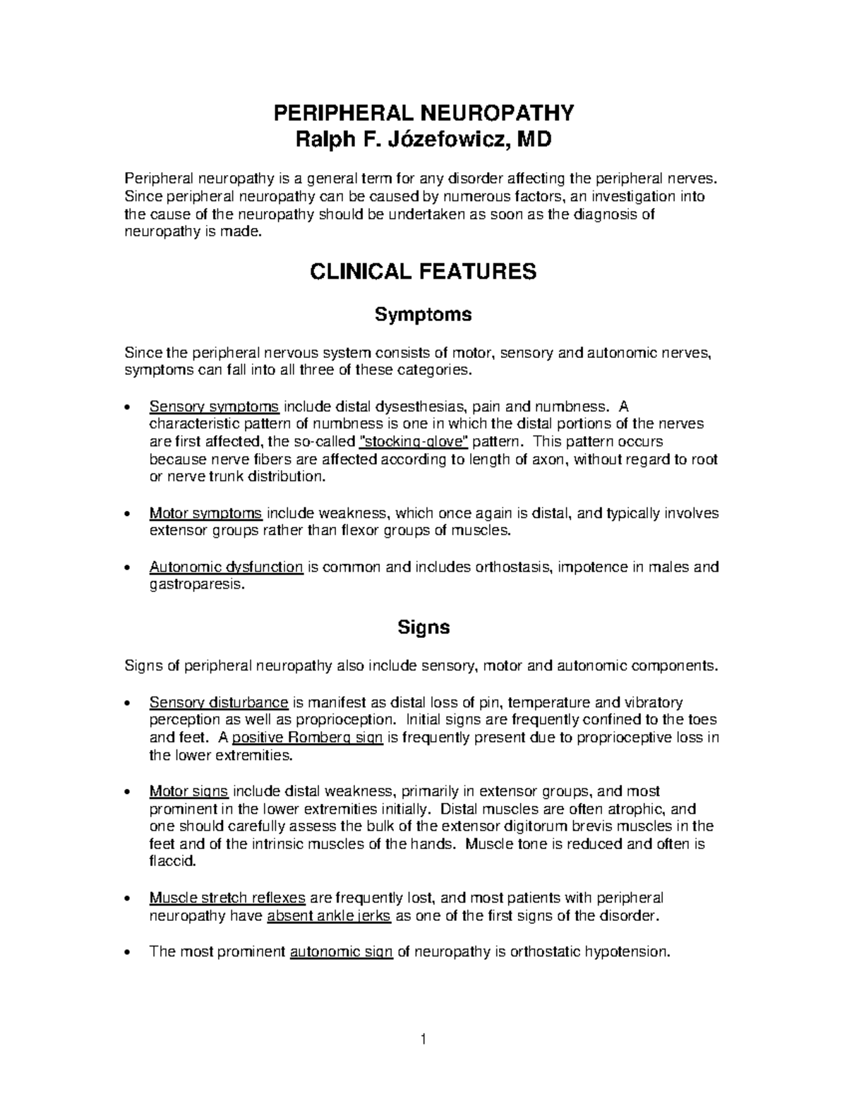 Peripheral Neuropathy Handout PERIPHERAL NEUROPATHY Ralph F