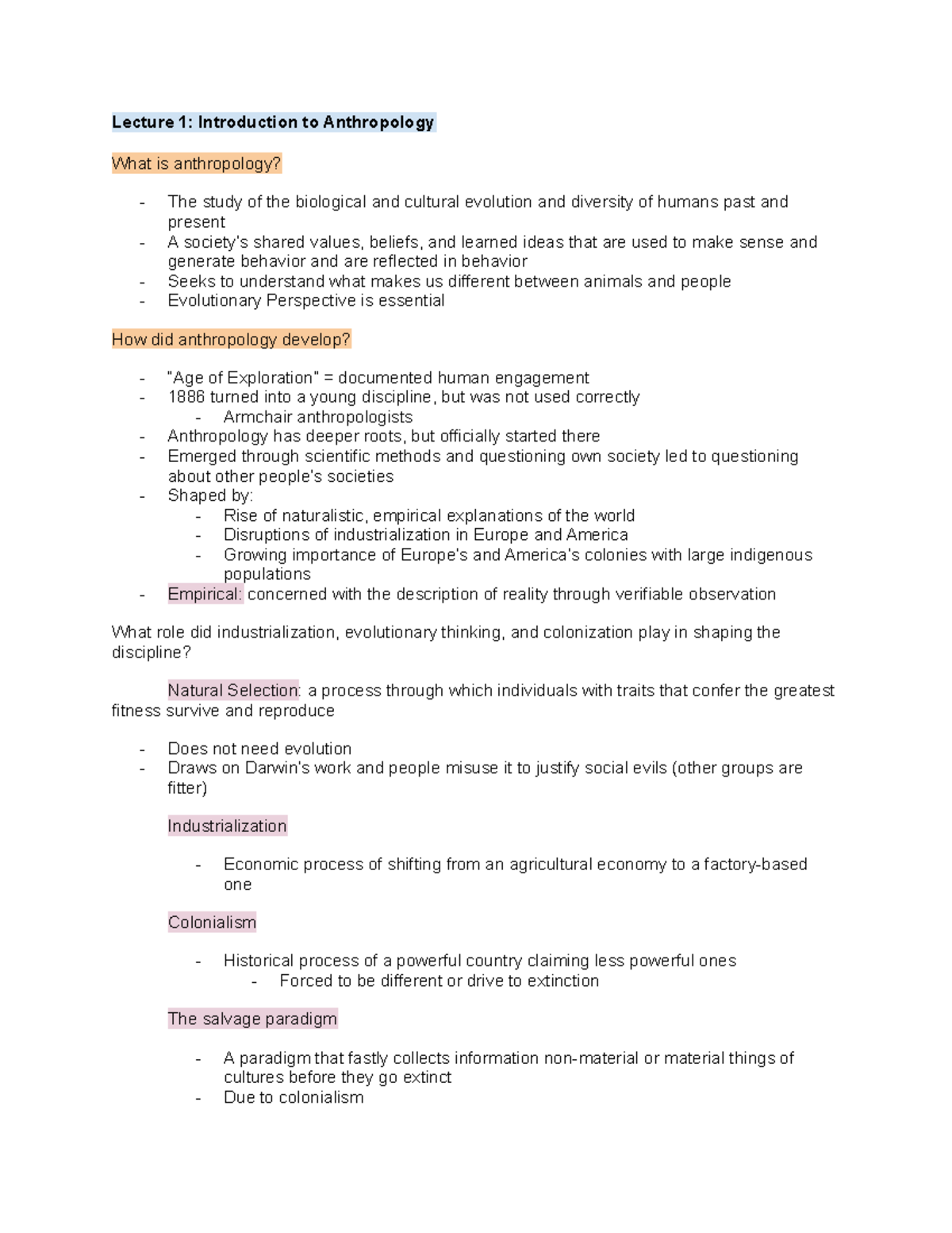 ANT 10CD Lectures 1-5: Notes - Lecture 1: Introduction To Anthropology ...