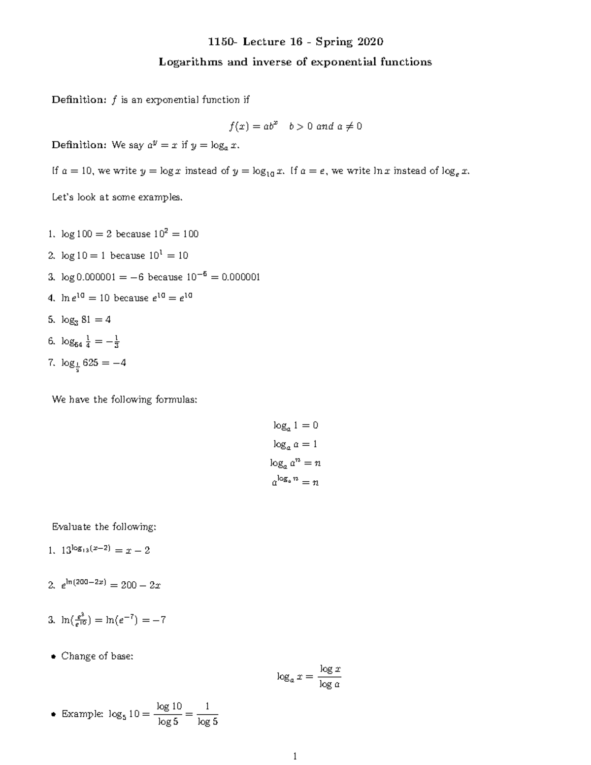 Logarithms and inverse of exponential functions - 1150- Lecture 16 ...