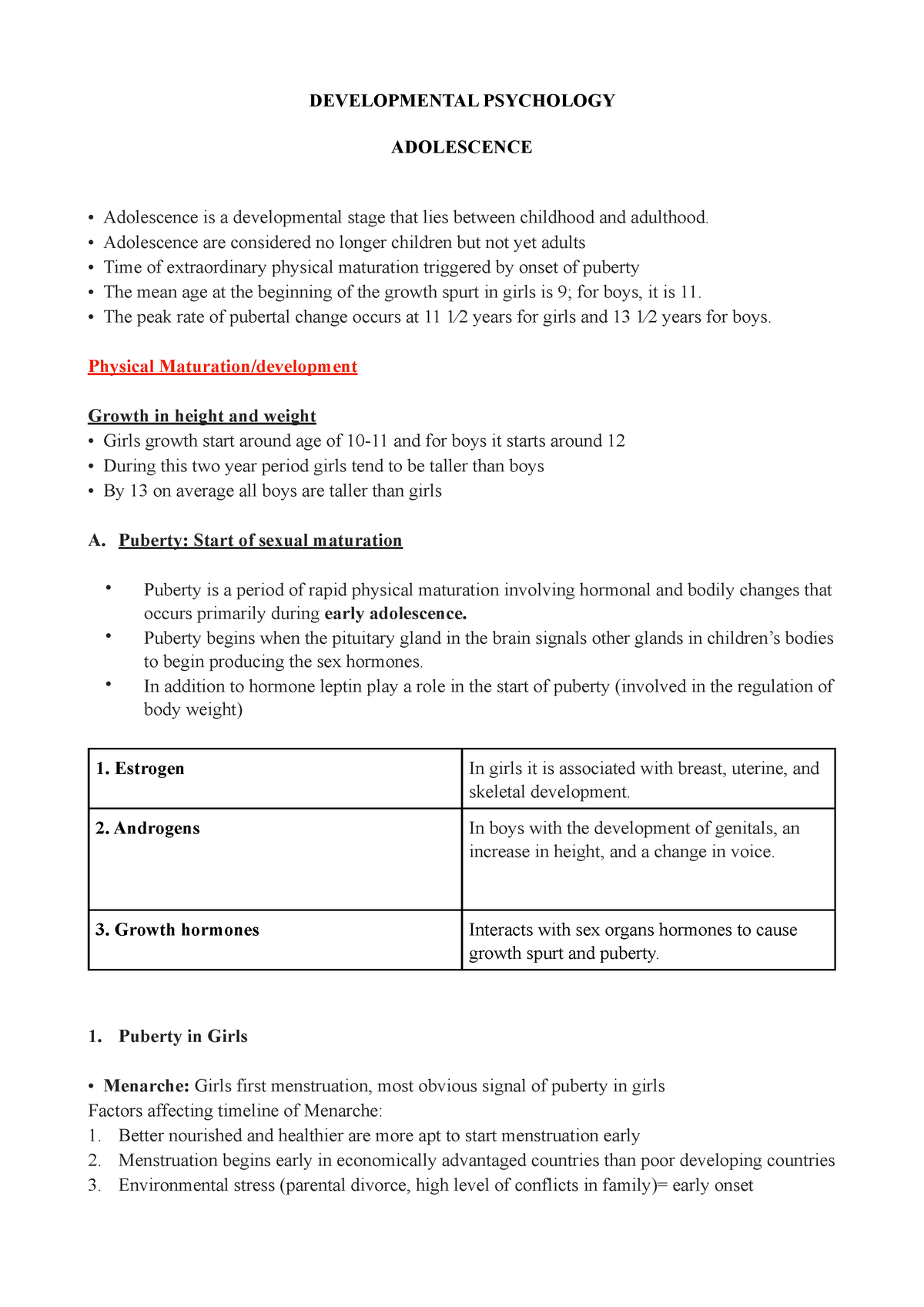 Adolscence - notes - DEVELOPMENTAL PSYCHOLOGY ADOLESCENCE • Adolescence ...