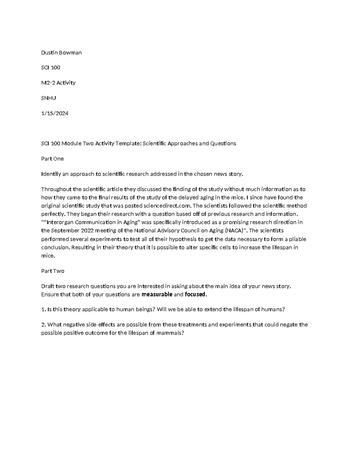 SCI100 M2-2 Activity - assignment sci 100 - Dustin Bowman SCI 100 M2-2 ...