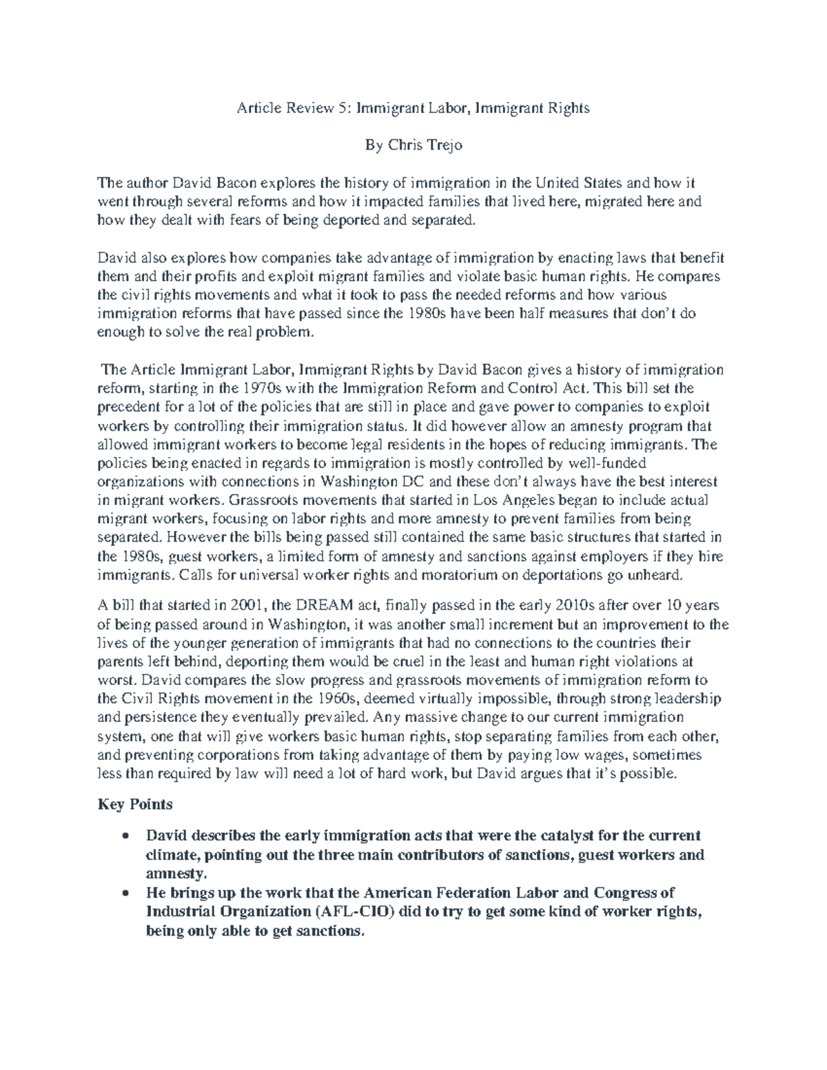 Article Review of Immigrant Labor, Immigrant Rights by David Bacon