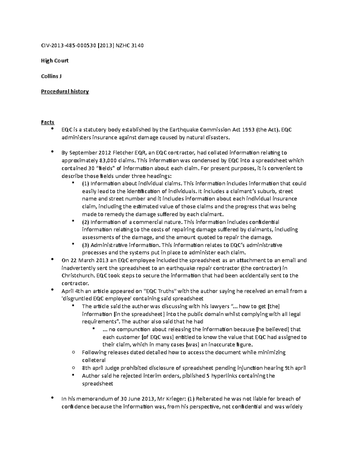 EQC case brief - CIV-2013-485-000530 [2013] NZHC 3140 High Court ...