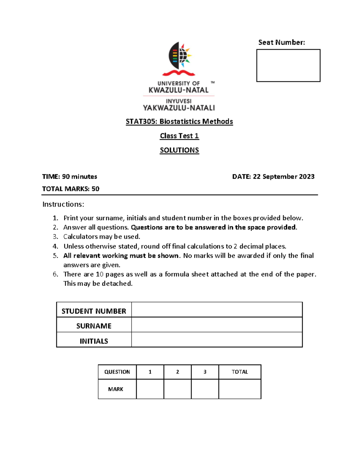 STAT305 Test 1 2023 Solutions - Seat Number: STAT 305 : Biostatistics ...