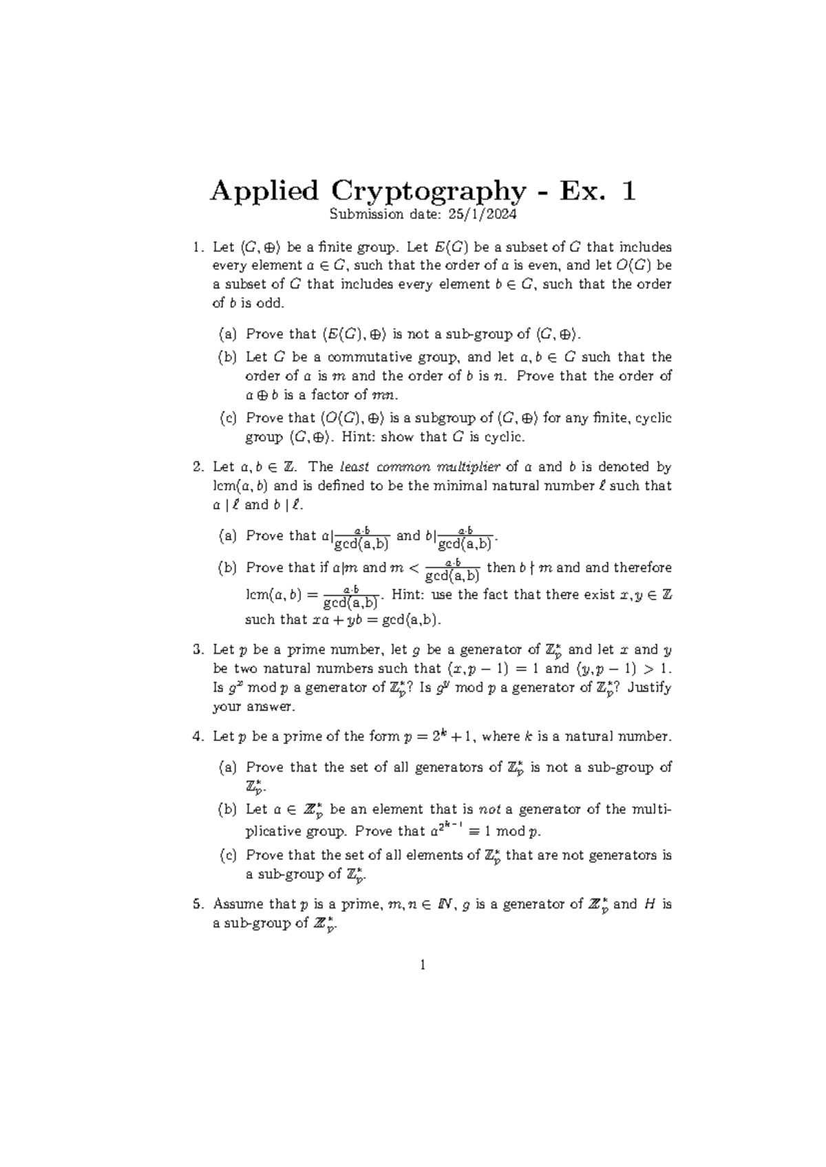 Ex1 app - Applied Cryptography - Ex. 1 Submission date: 25/1/ Let 〈G, ⊕ ...