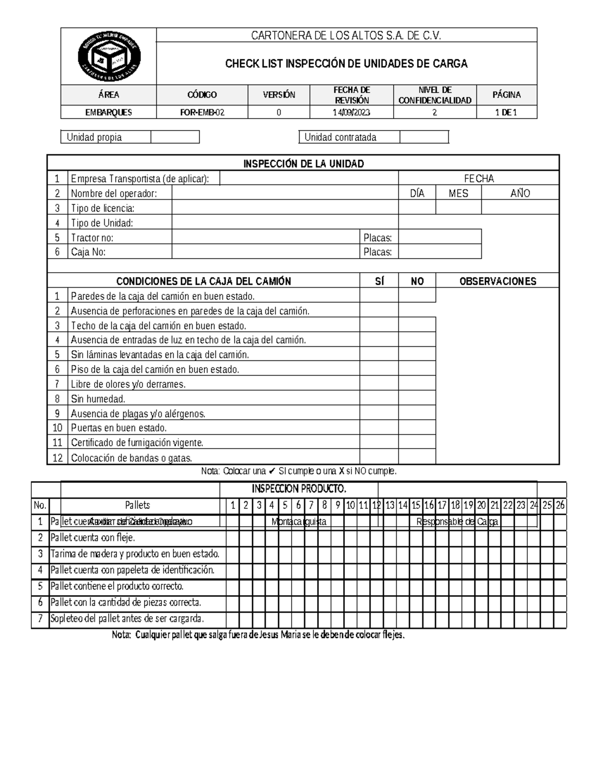 FOR-EMB-02 Check List Inspección Unidades Carga V0 140923 - CARTONERA ...