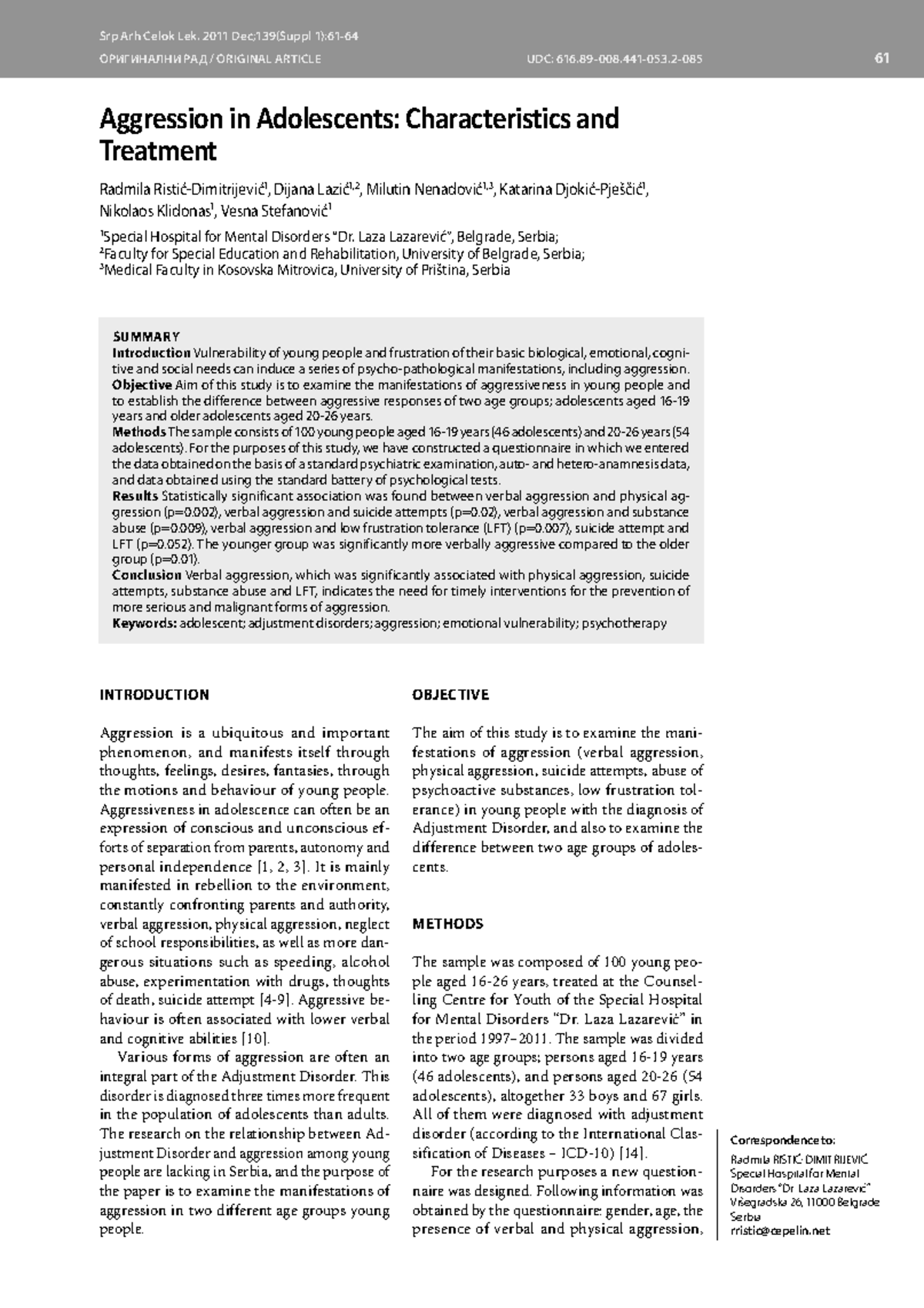 Aggression in adolescents characteristics and treatment - 61 ...