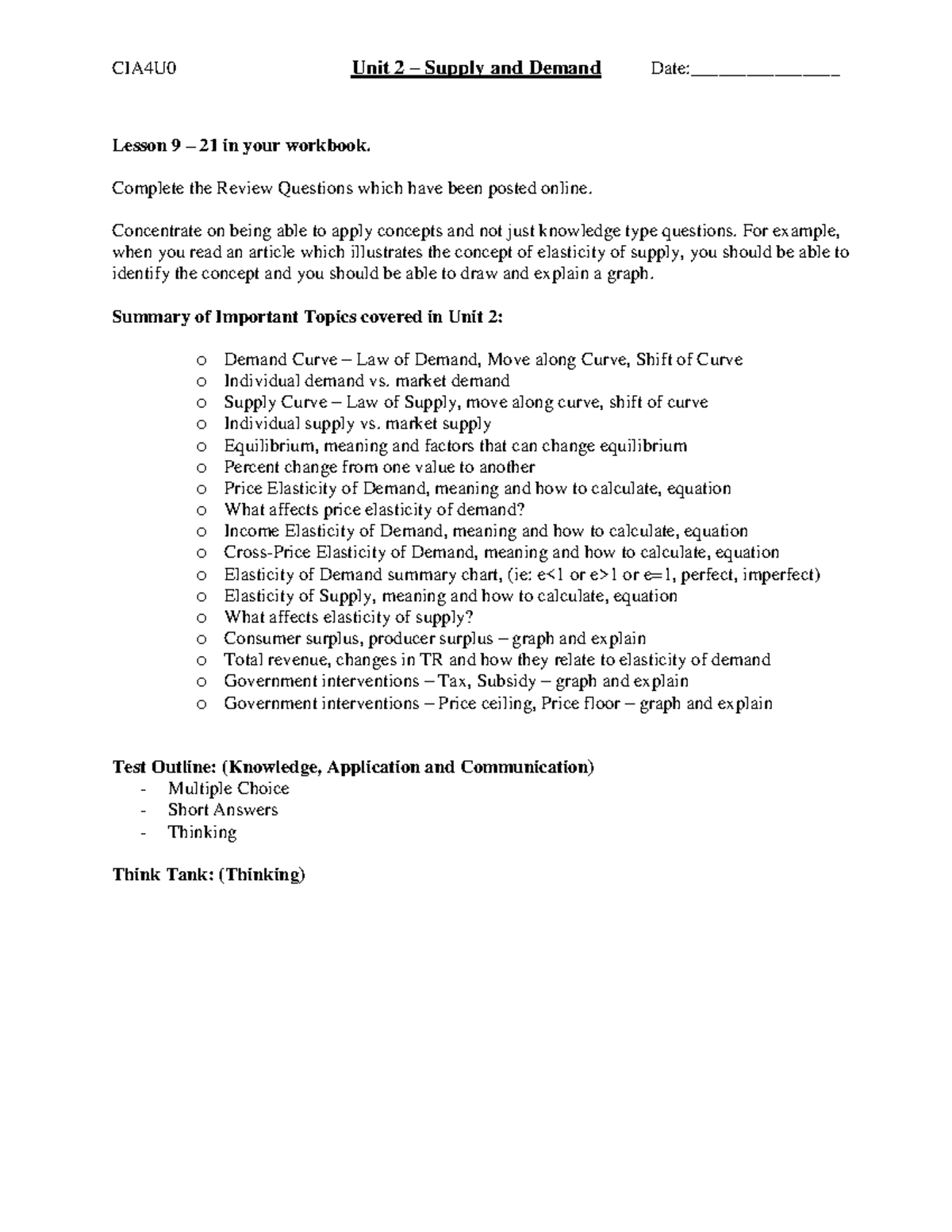 Unit 2 Summary of Concepts to review 1 - CIA4U0 Unit 2 – Supply and ...