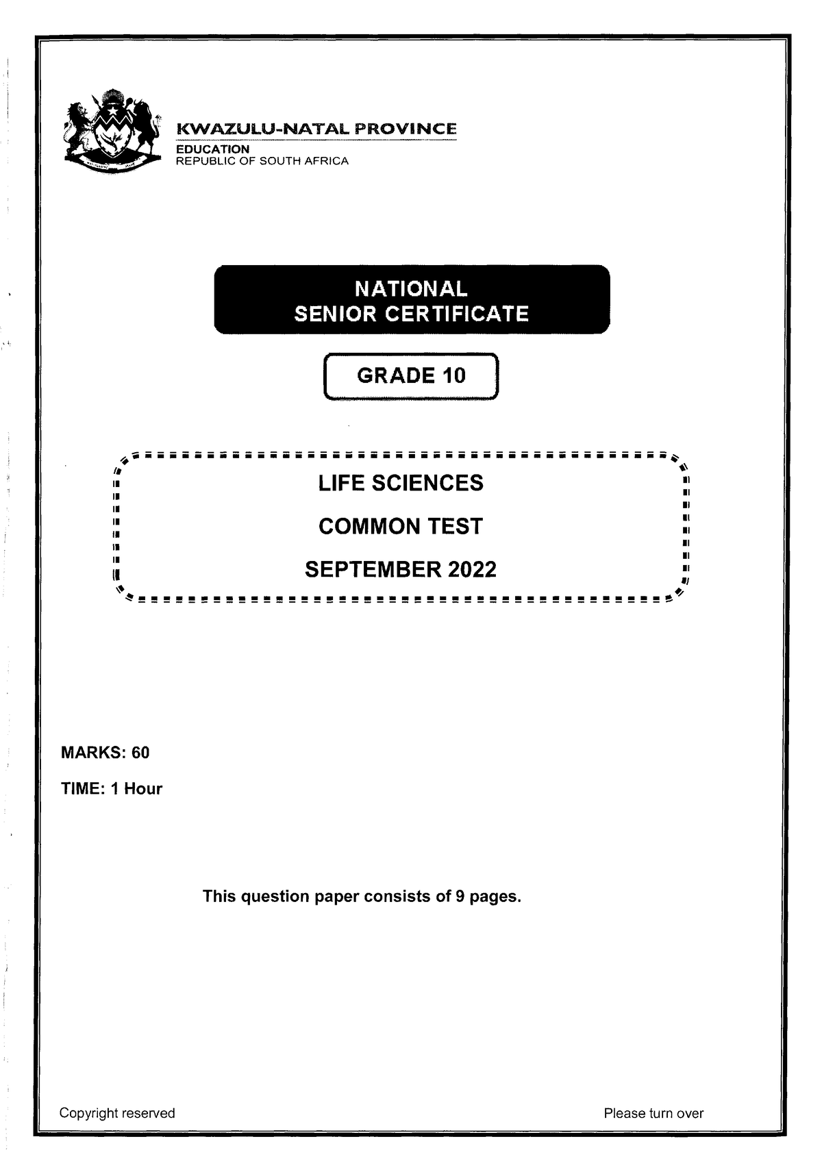 Life sciences sep 2022 gr10 kwazulunatal1 Life sciences NSC Grade