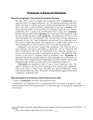 Prokaryote vs Eukaryote Worksheeet - Then answer the questions that follow.  The first cells to - Studocu
