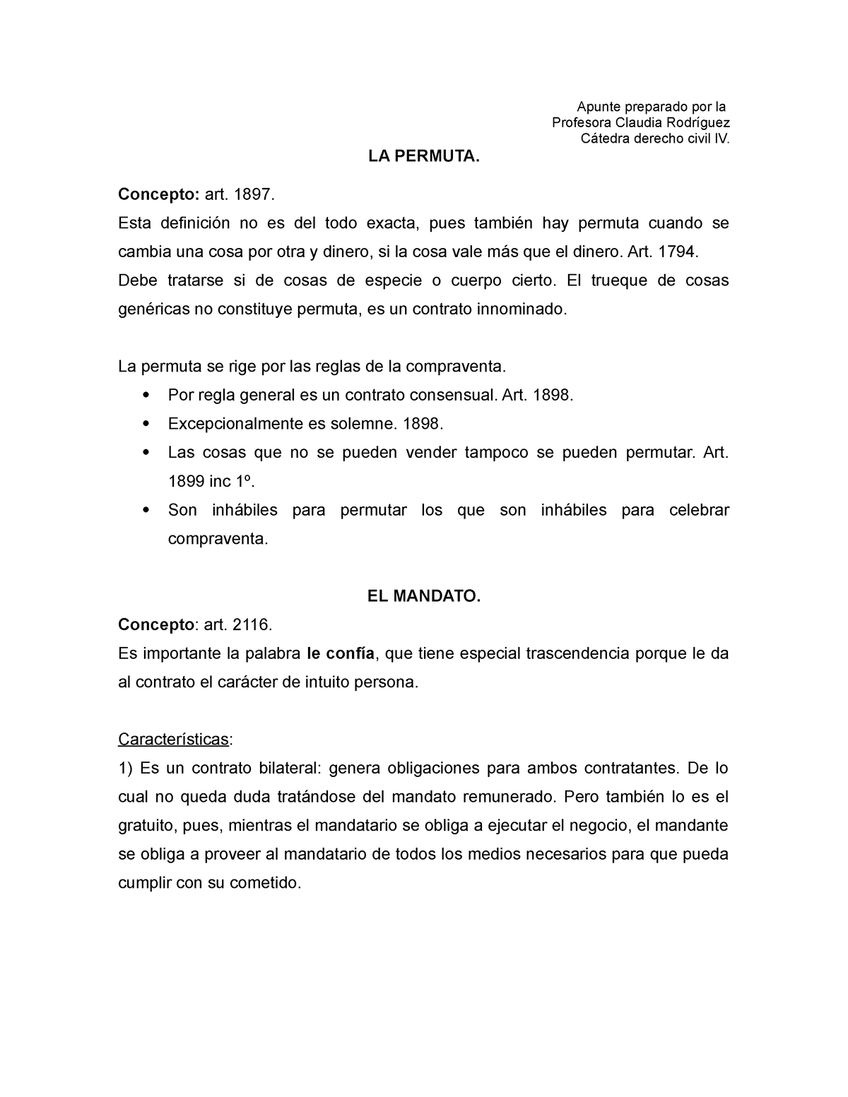 Permuta Y Mandato Apunte Preparado Por La Profesora Claudia Rodríguez Cátedra Derecho Civil Iv 9800