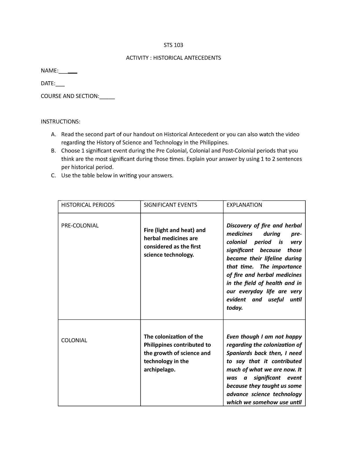 STS Activity - Historical Antecedents Part 1 - STS 103 ACTIVITY ...